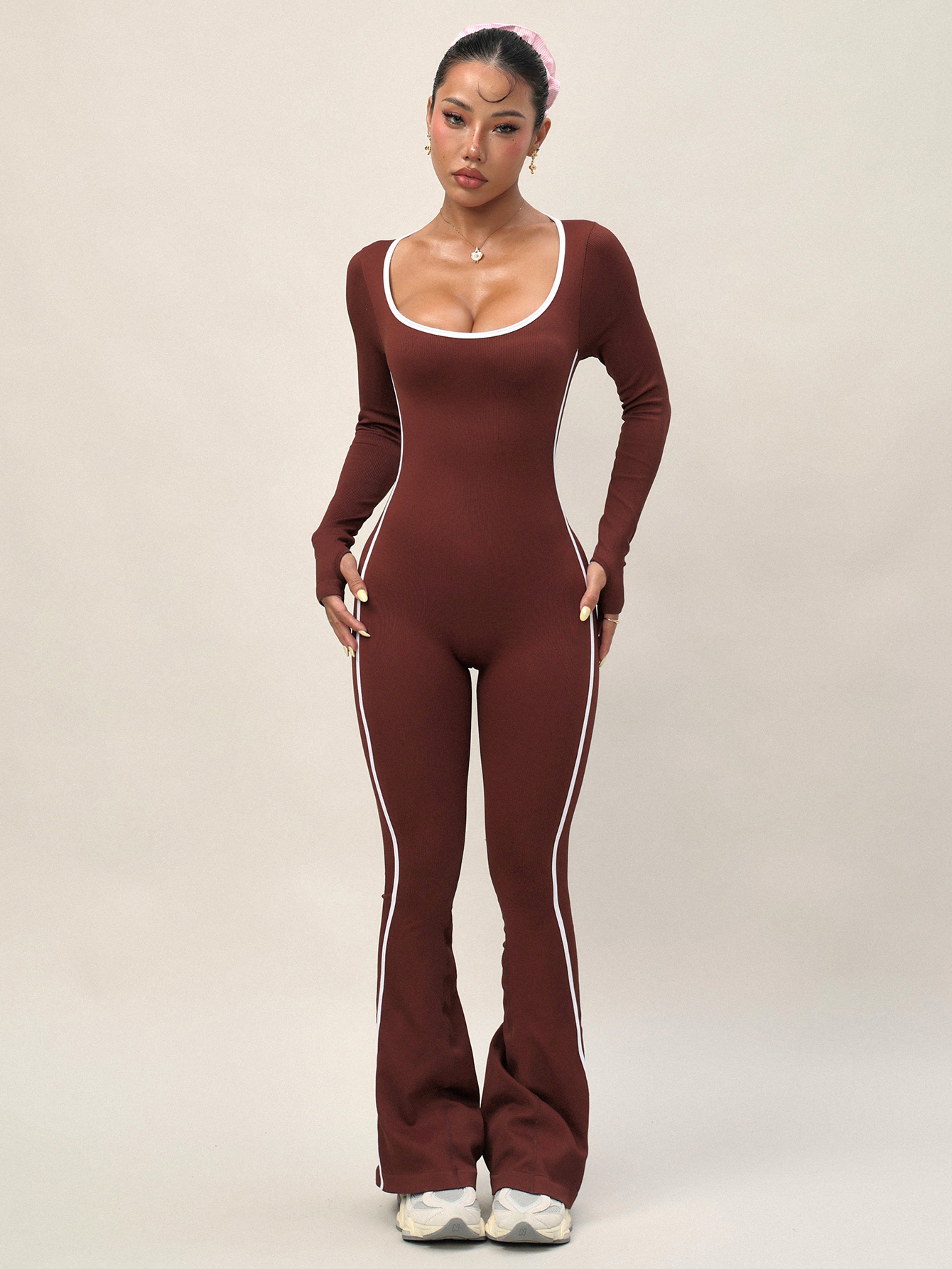 Womens Long Sleeve Yoga Jumpsuit Flared Pants Quick-Dry Fitness Activewear Set – view 4