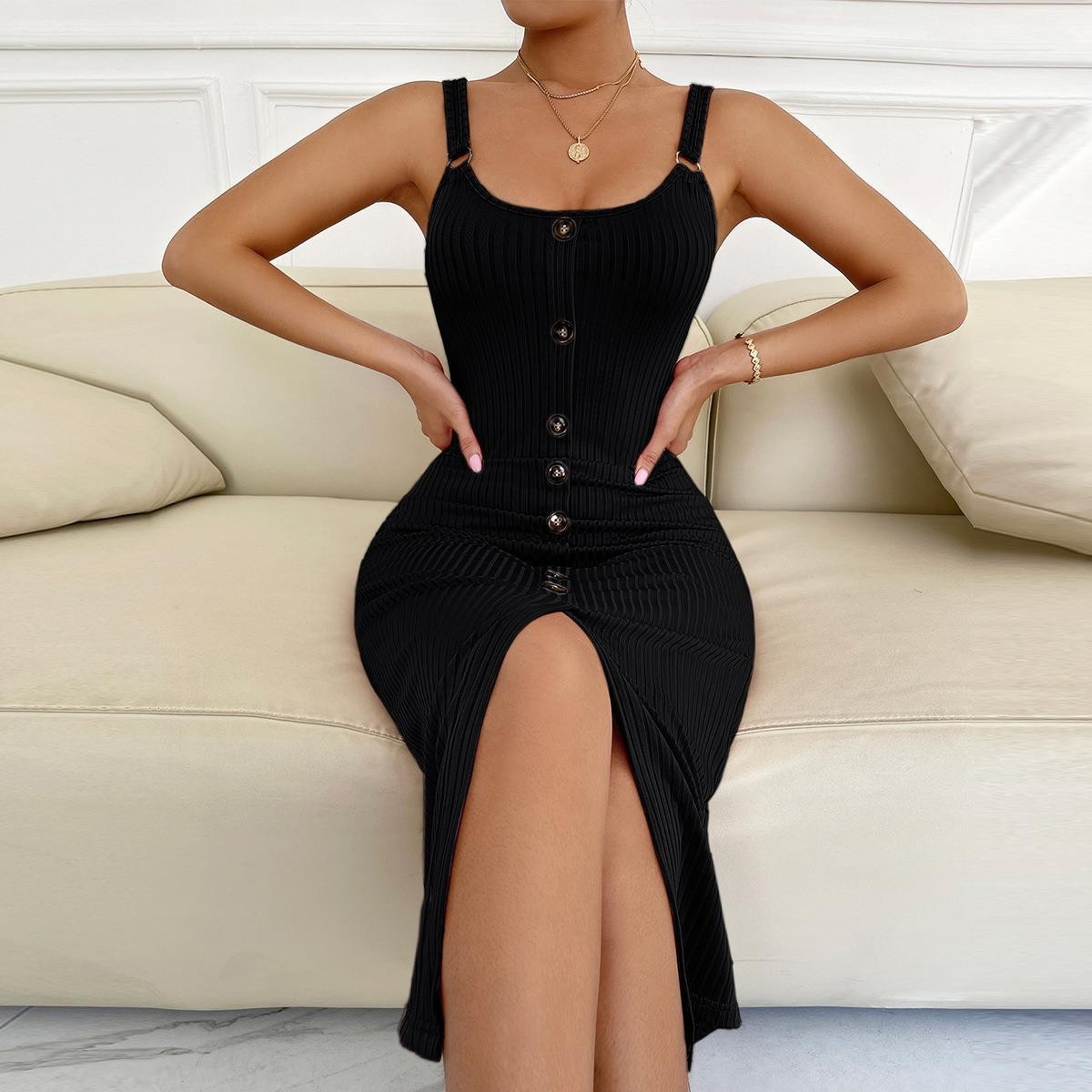 Womens Summer Faux Button VNeck Bodycon Knit Tank Slit Midi Dress For Party  Daily Wear 0