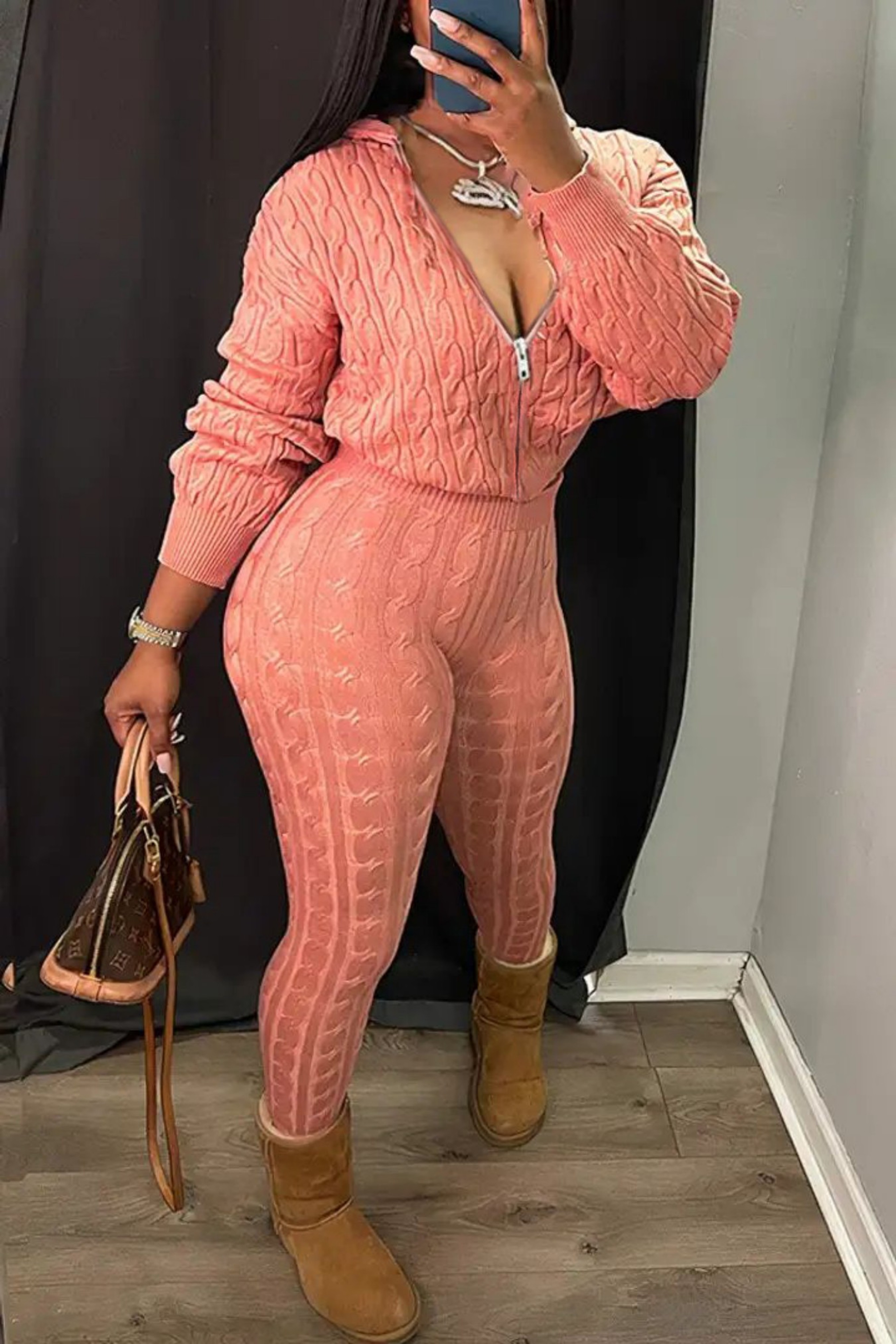 Women's Pink Cable Knit Two Piece Zip Up Hoodie and Leggings Set Casual Loungewear Outfit – view 1