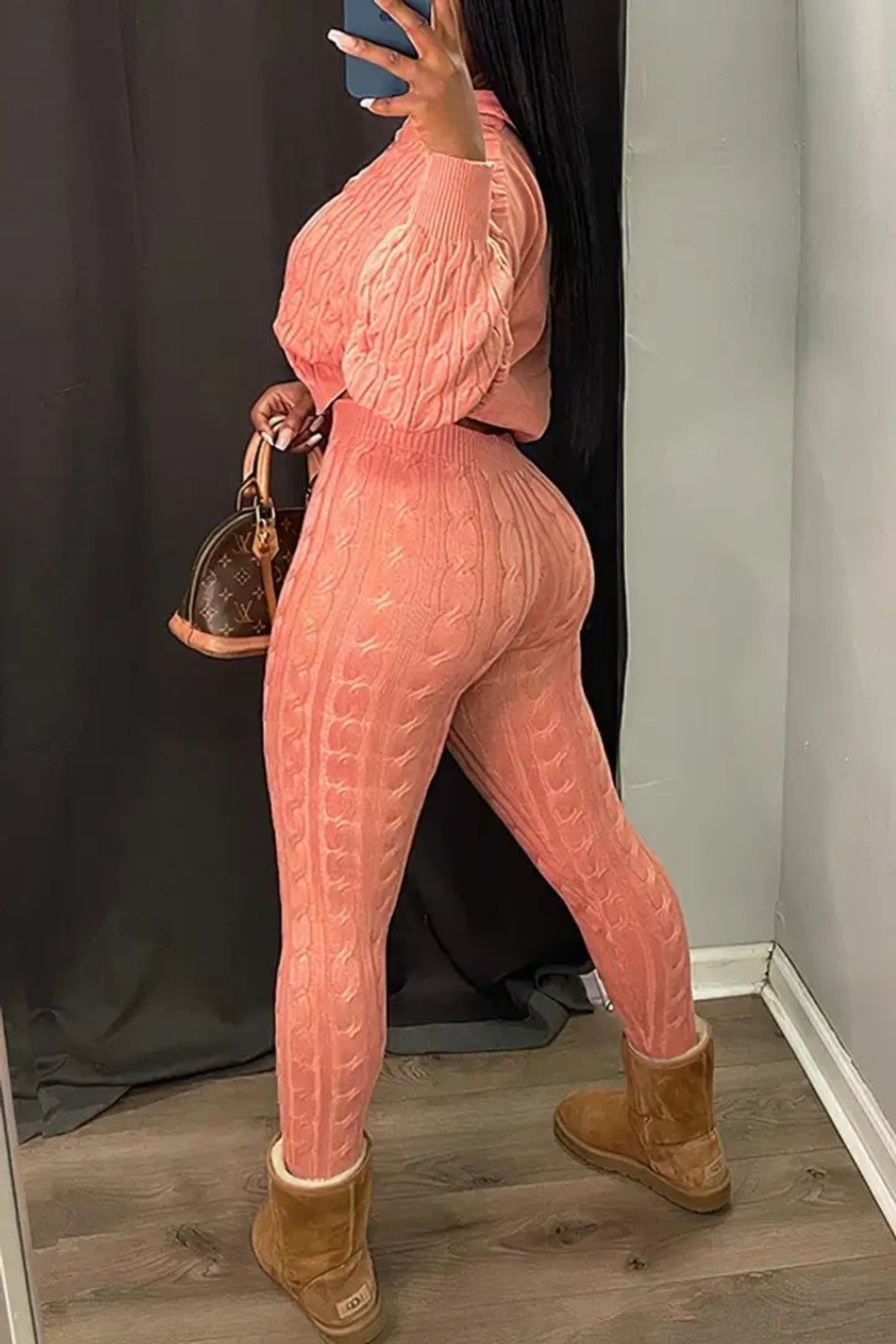 Women's Pink Cable Knit Two Piece Zip Up Hoodie and Leggings Set Casual Loungewear Outfit – view 2