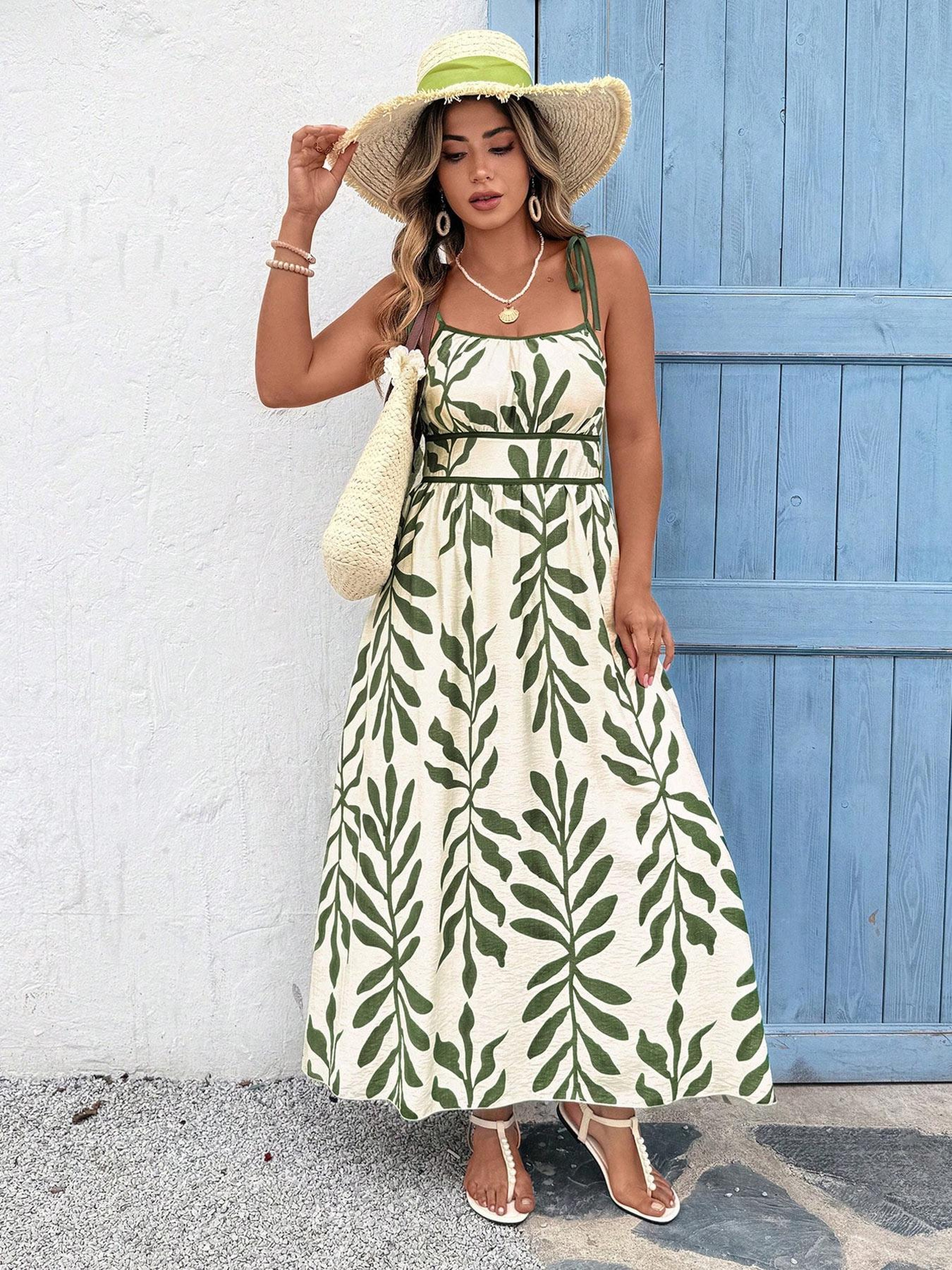 Plus Size Leaf Print Cami Dress - Casual Beach Vacation Maxi Sundress – view 1