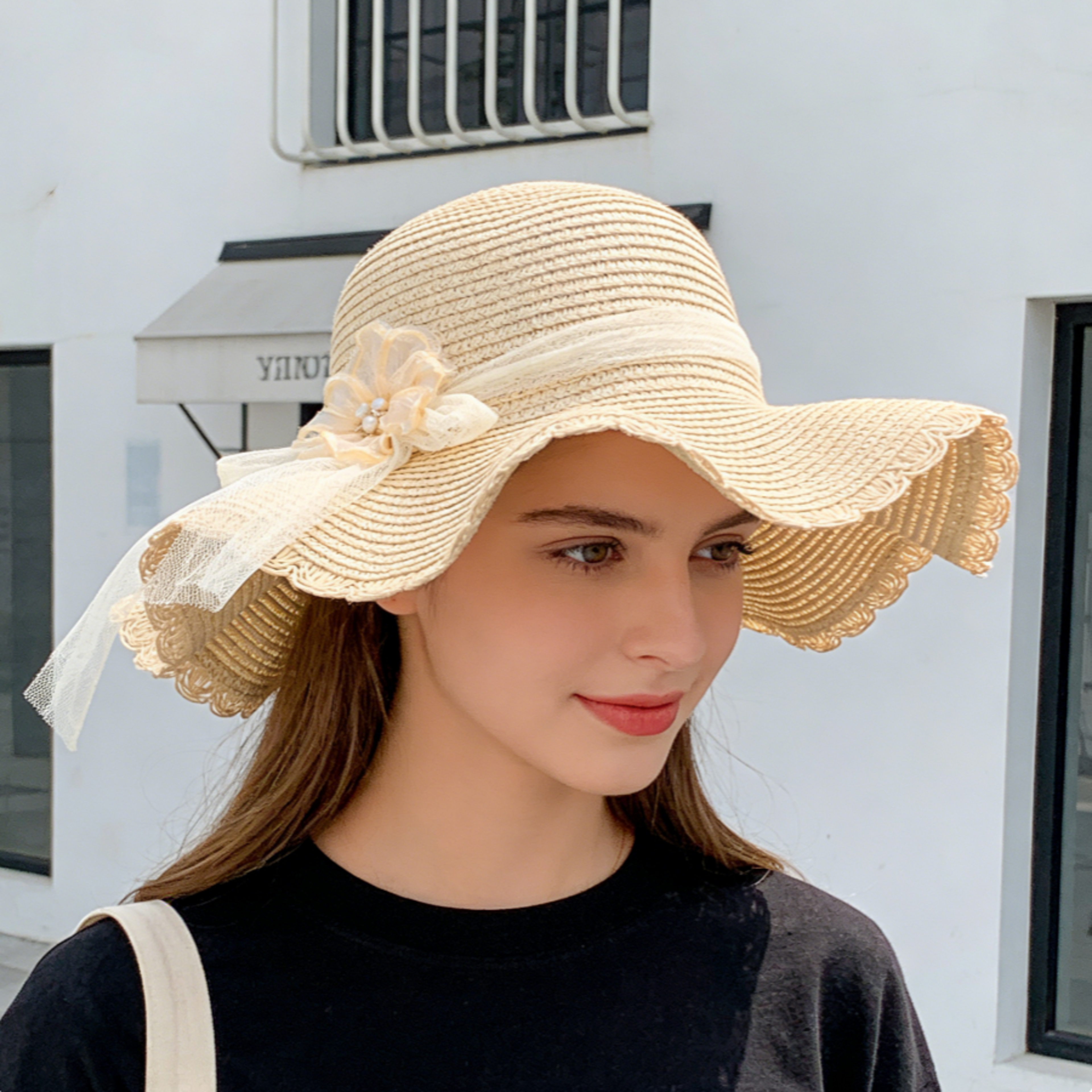 Womens Foldable Straw Sun Hat With Wide Brim And Mesh Floral Trim Packable Summer Beach Cap For UV  0