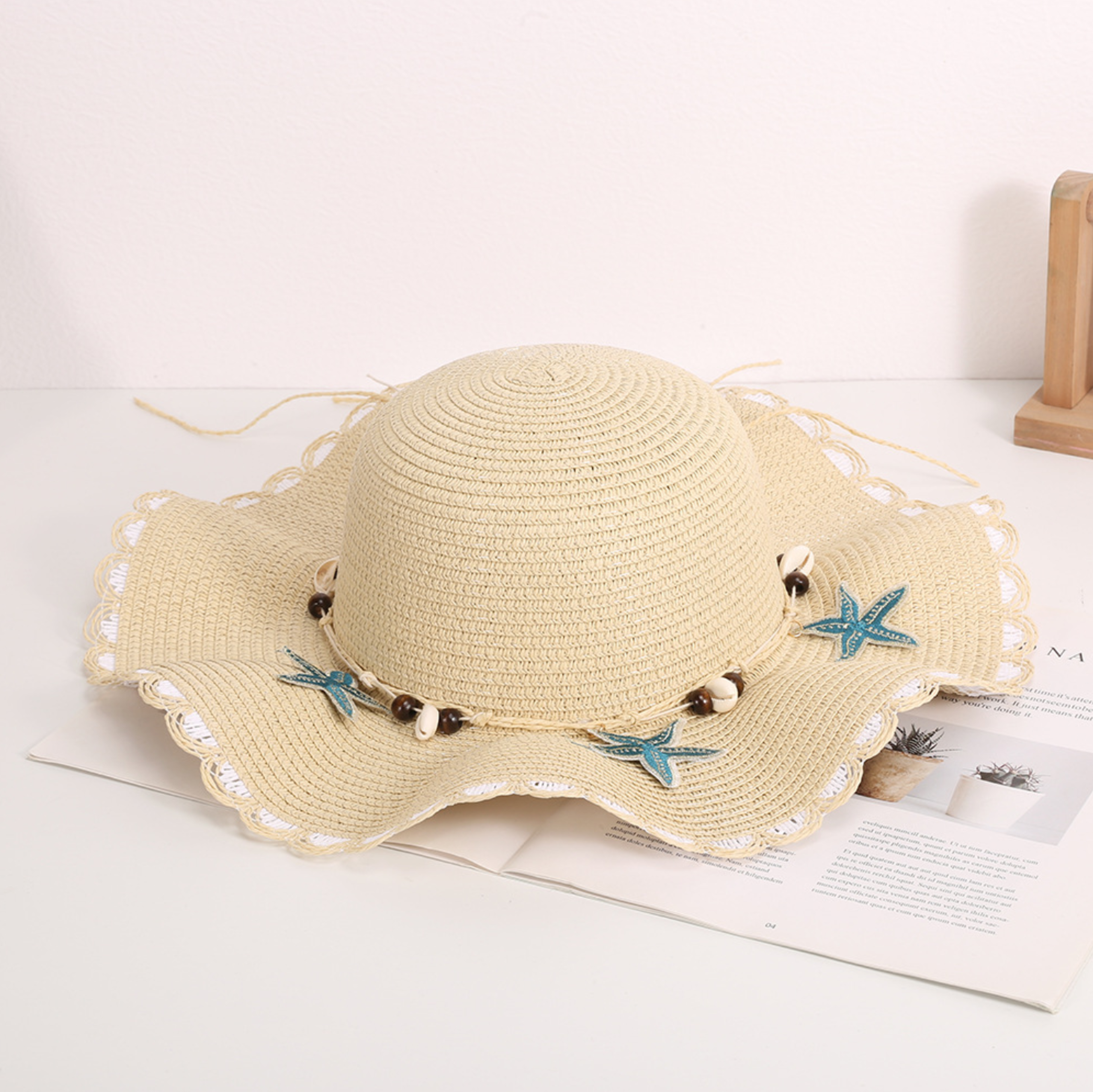 Bohemian Wide Brim Straw Hat With Shell Beads  Breathable Wavy Edge Beach Sun Hat 7