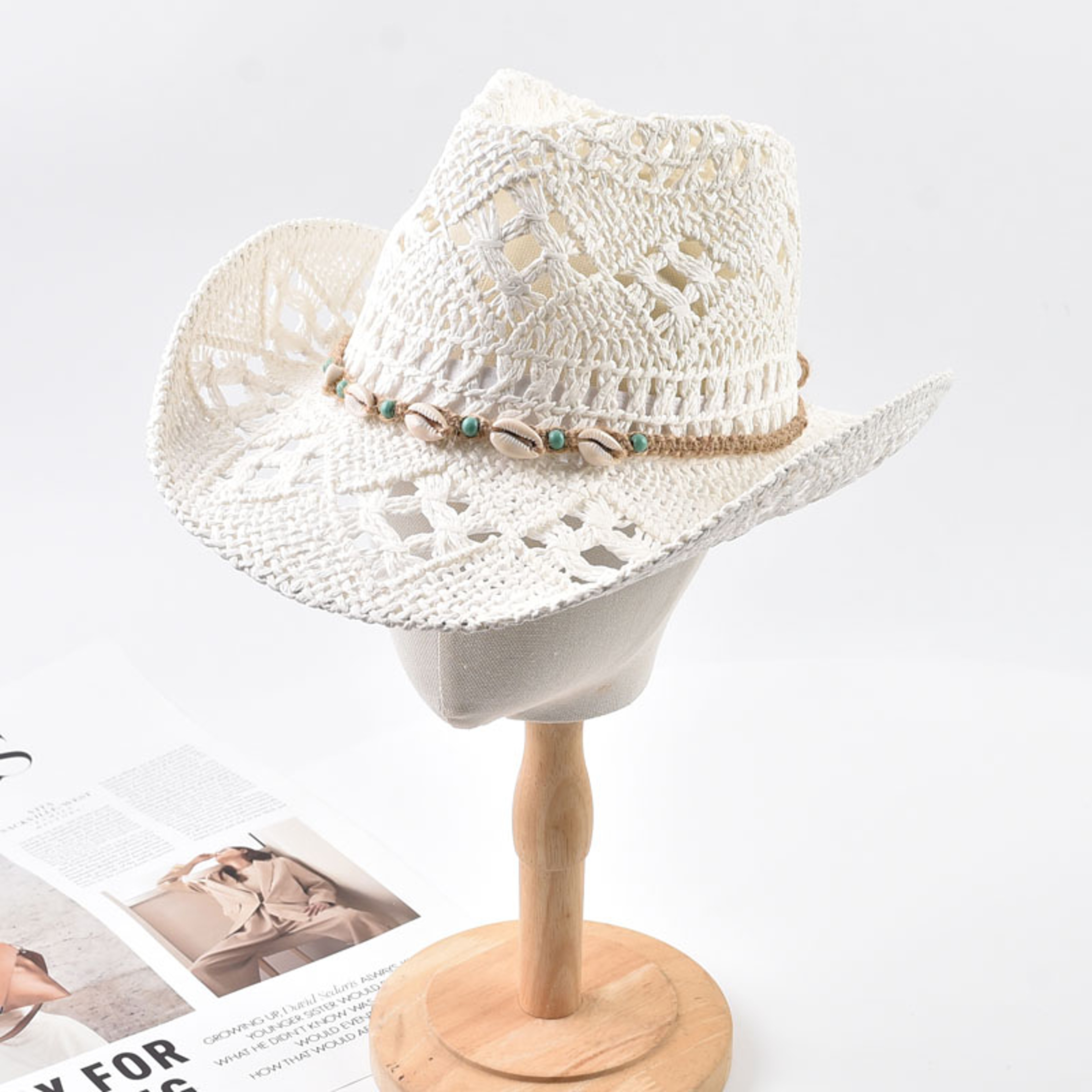 Boho Wide Brim Straw Sun Hat With Shells Summer Beach Panama 0