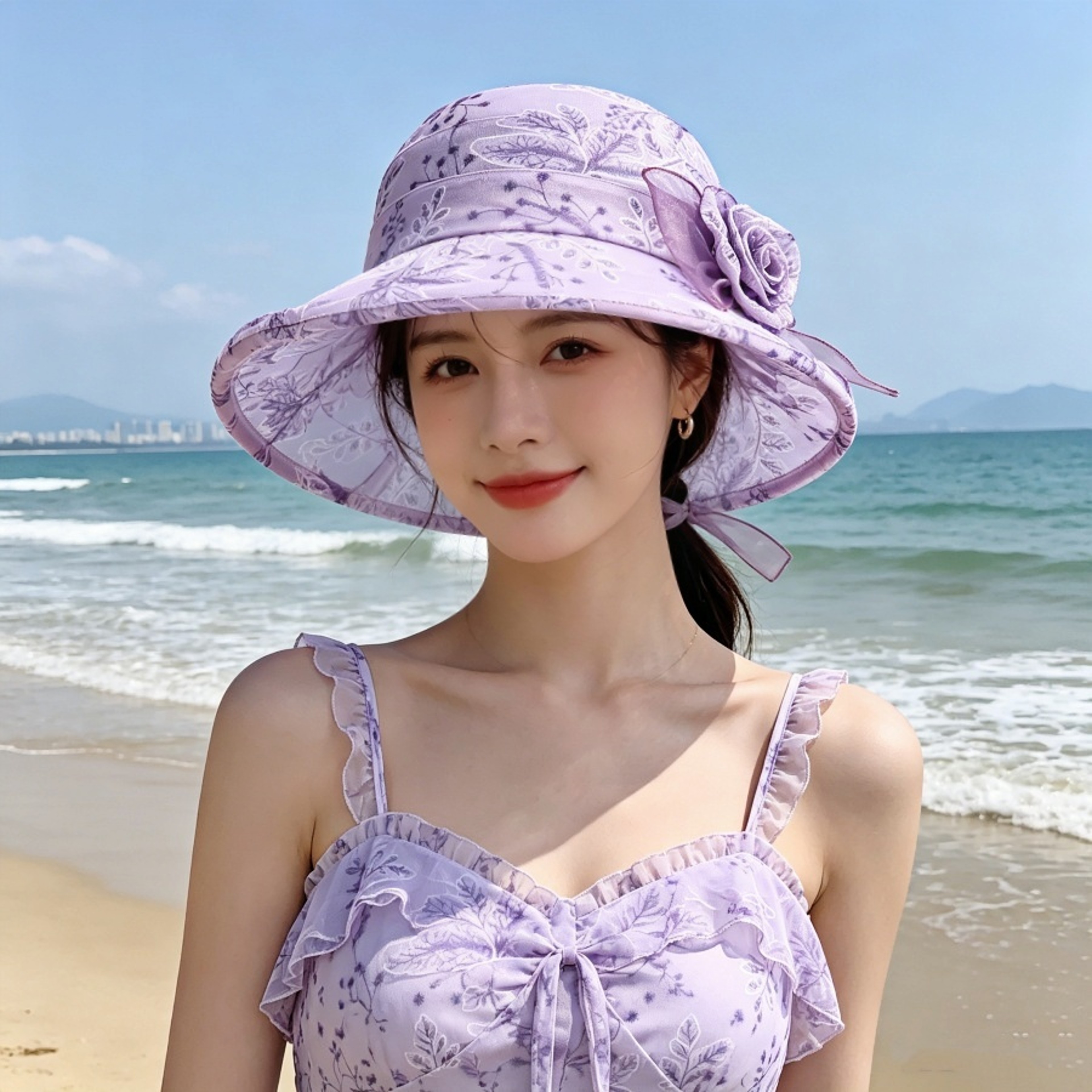 Plant Print Sun Hat Lightweight Elegant Wide Brimmed Sun Hat for Summer Outings and Beach Vacation Hat – view 1