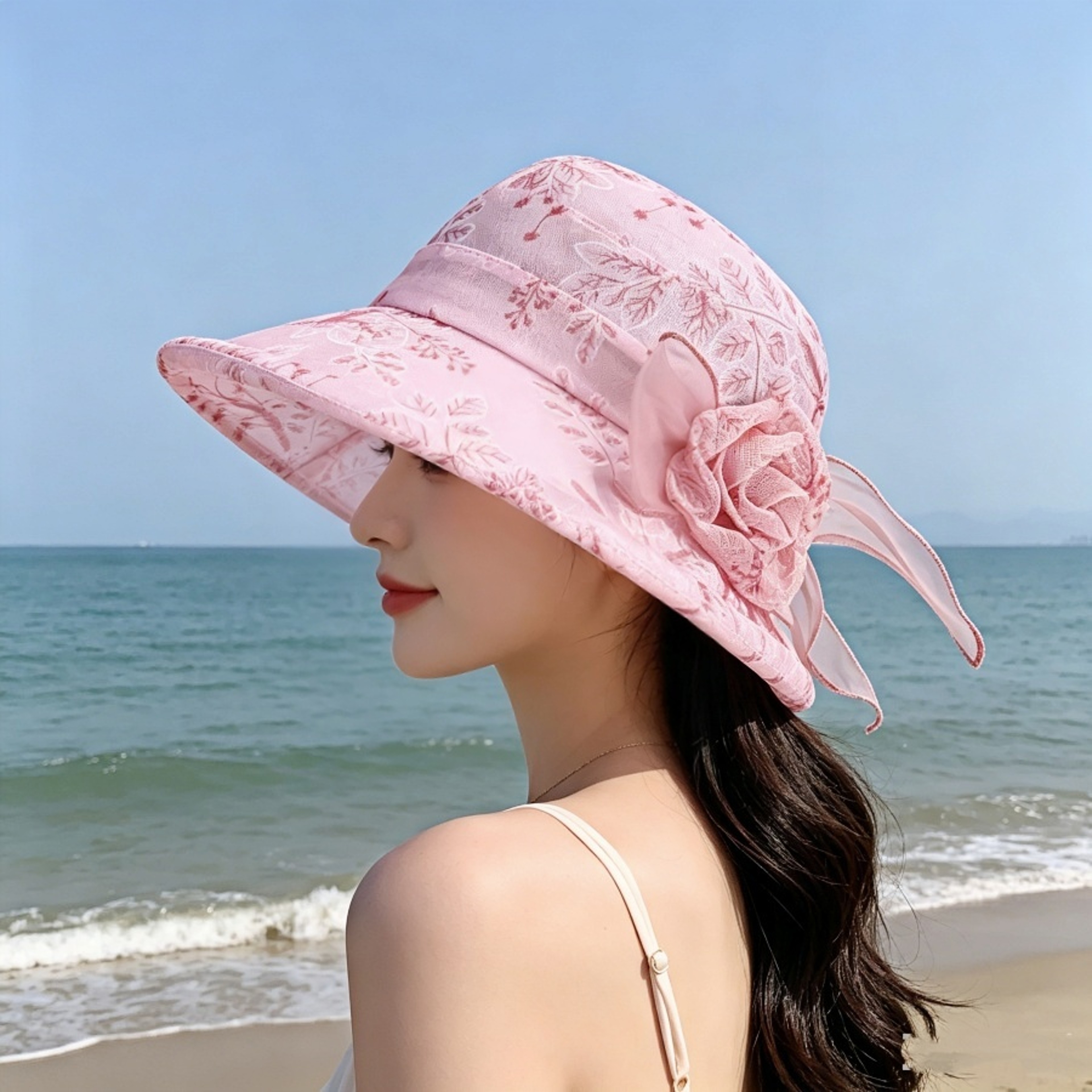 Plant Print Sun Hat Lightweight Elegant Wide Brimmed Sun Hat for Summer Outings and Beach Vacation Hat – view 4