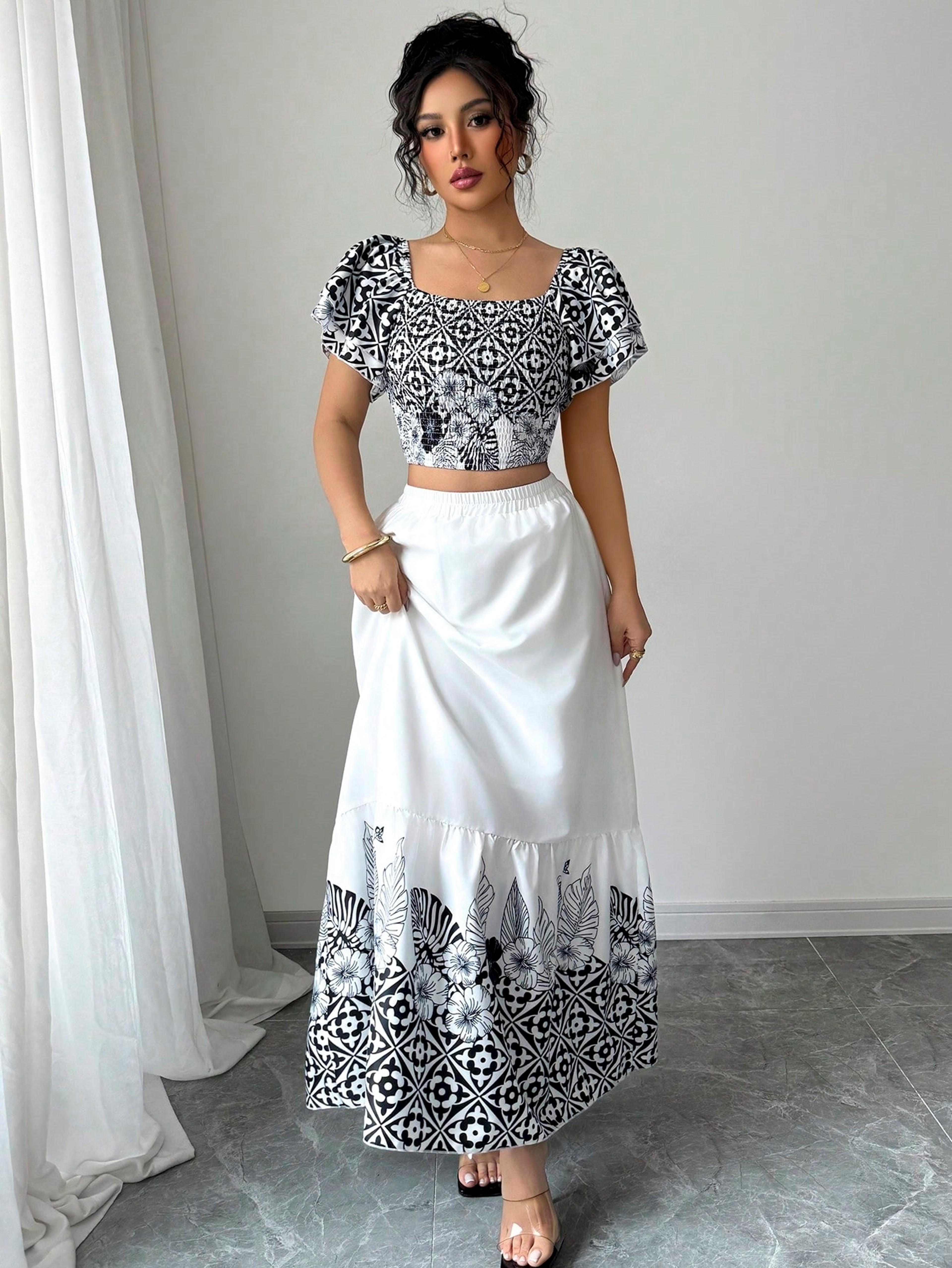 Boho Chic Off Shoulder Top and Skirt Set Floral Print Casual Two Piece Summer Vacation Outfit – view 7