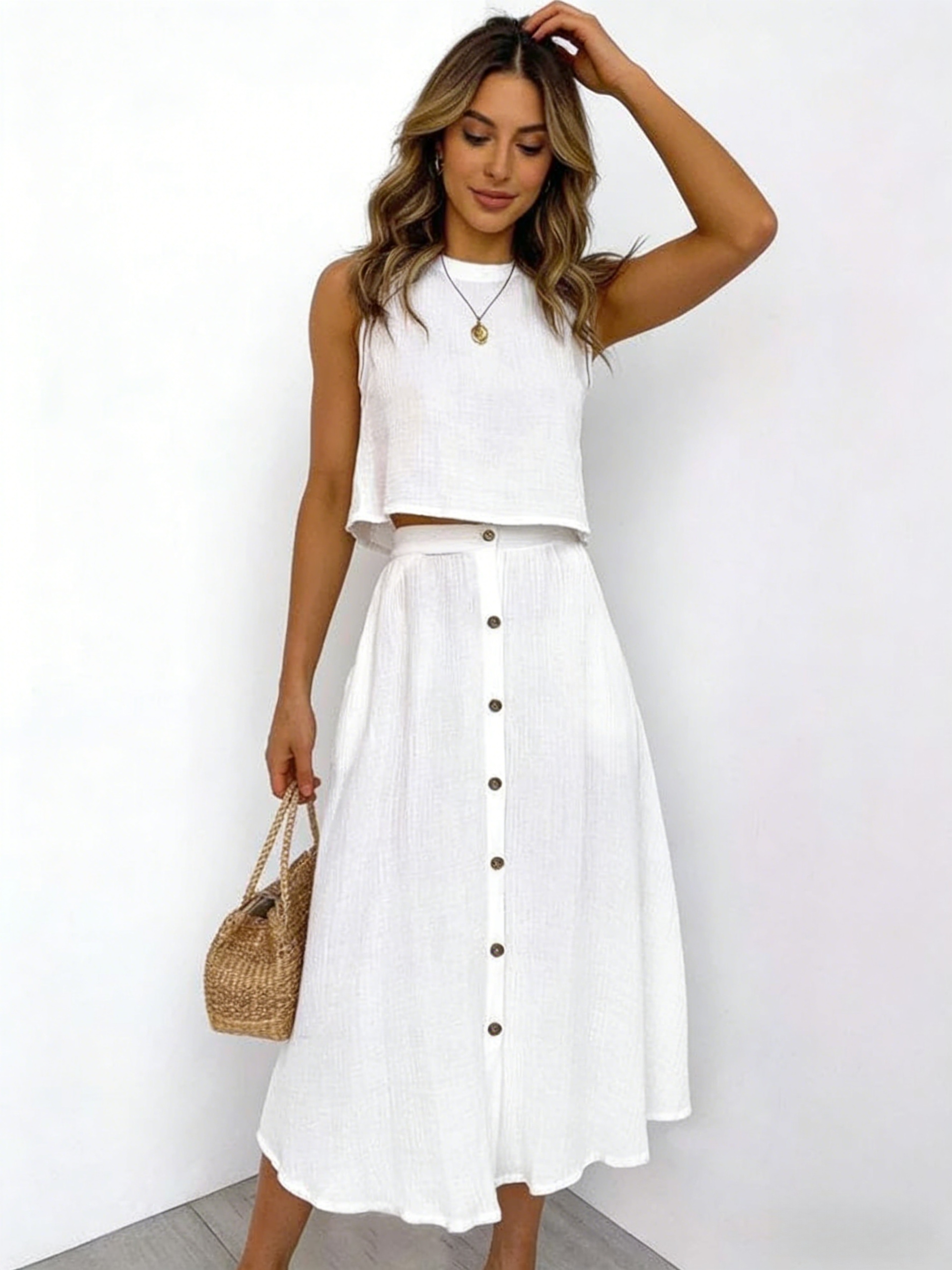 Elysian White Linen Two Piece Set Elegant Sleeveless Crop Top and Midi Skirt Summer Vacation Outfit – view 1