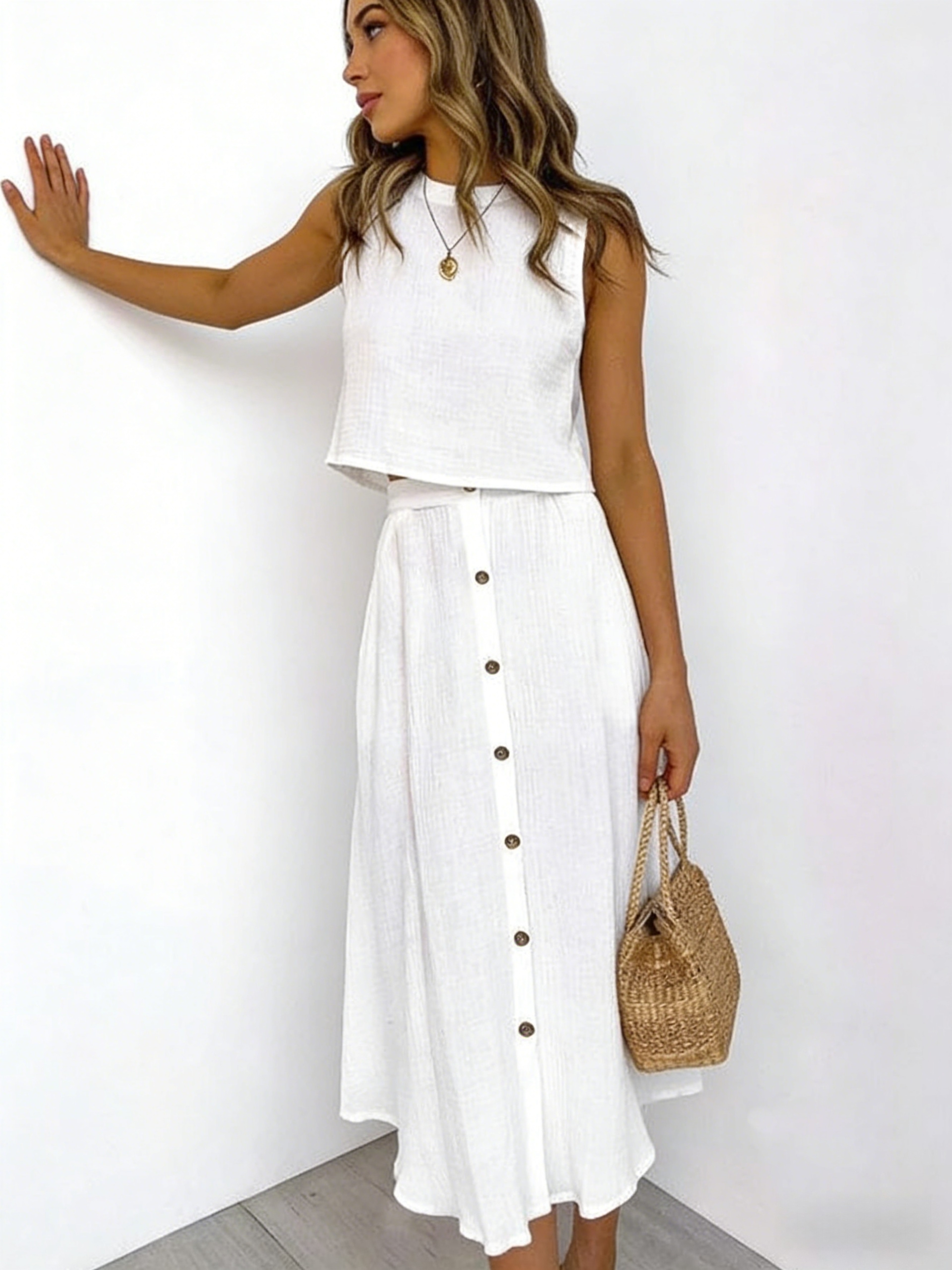 Elysian White Linen Two Piece Set Elegant Sleeveless Crop Top and Midi Skirt Summer Vacation Outfit – view 3
