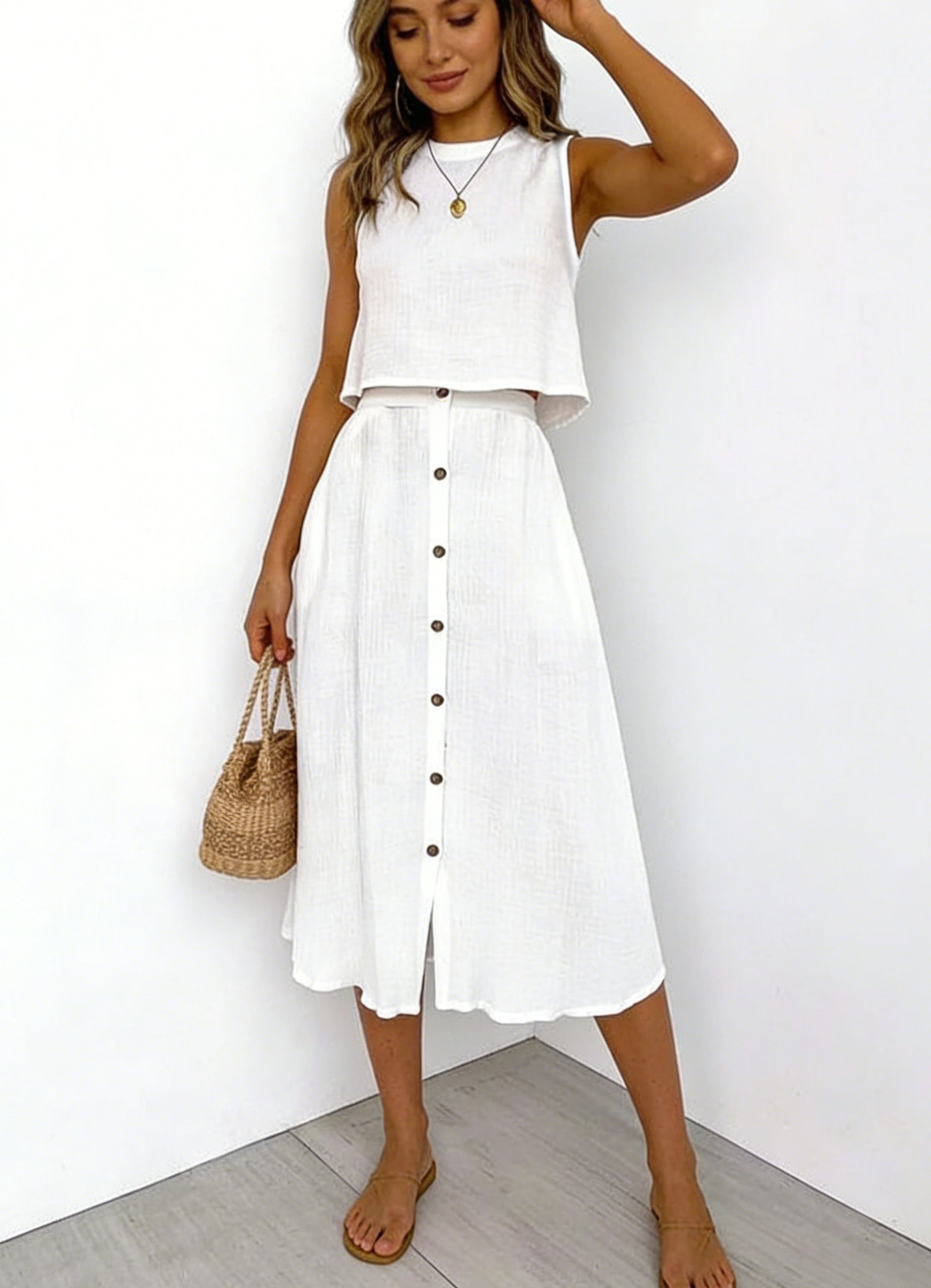 Elysian White Linen Two Piece Set Elegant Sleeveless Crop Top and Midi Skirt Summer Vacation Outfit – view 7