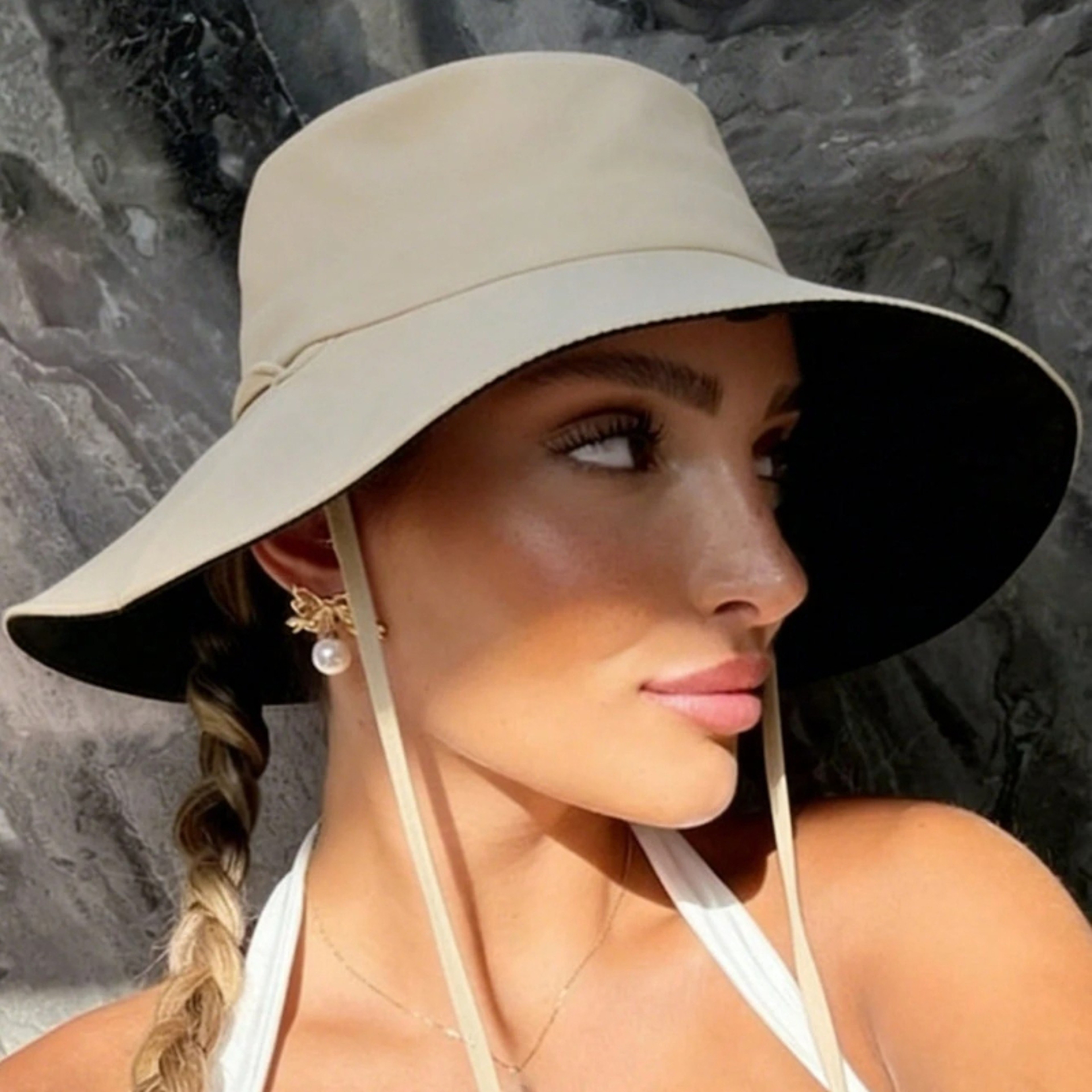 Womens Distressed Summer Beach Bucket Hat with Adjustable Chin Strap & Frayed Wide Brim for Sun Protection – view 6