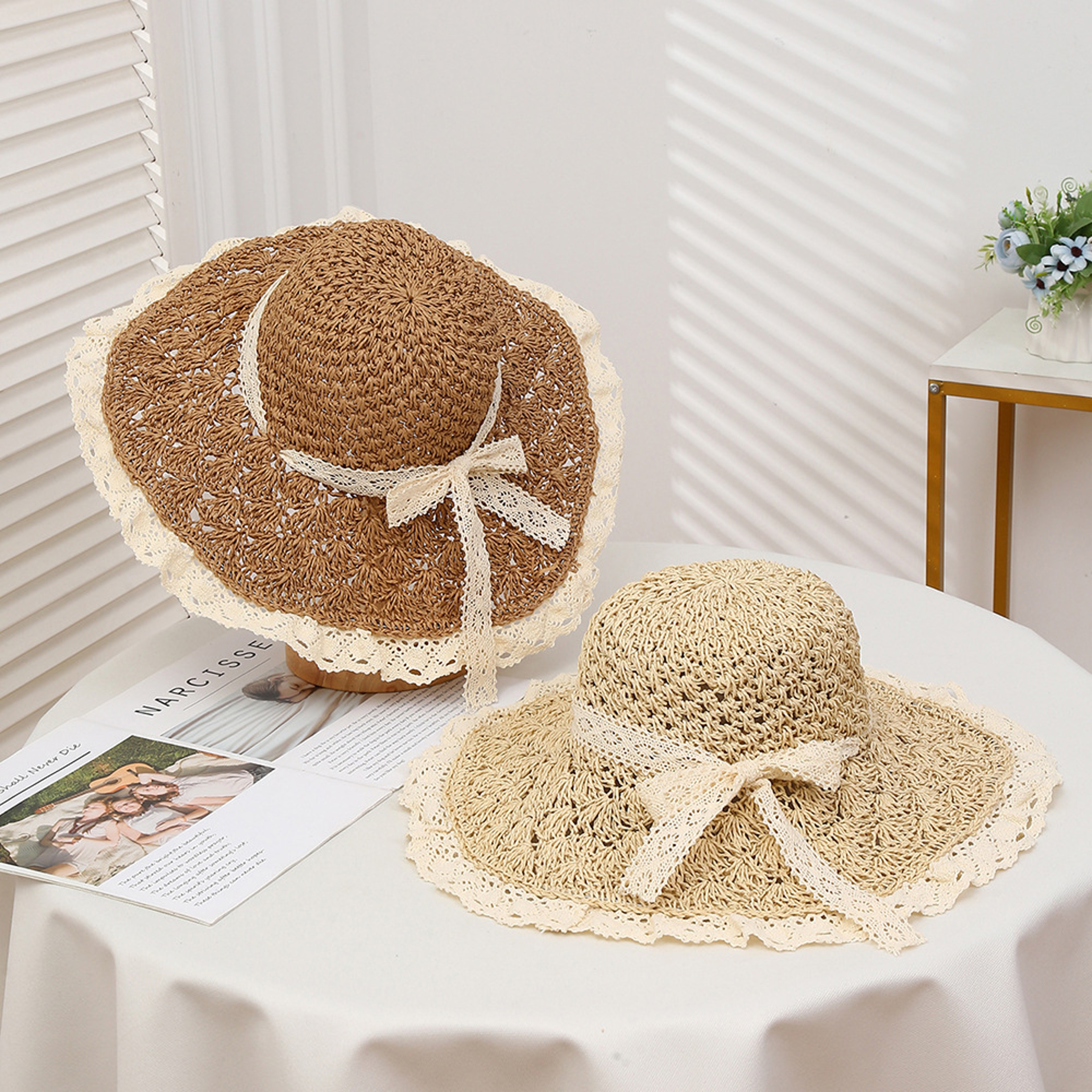 Handmade Wide Brim Straw Hat with Lace Bow – Packable Summer Beach Sun Hat for Women – view 3