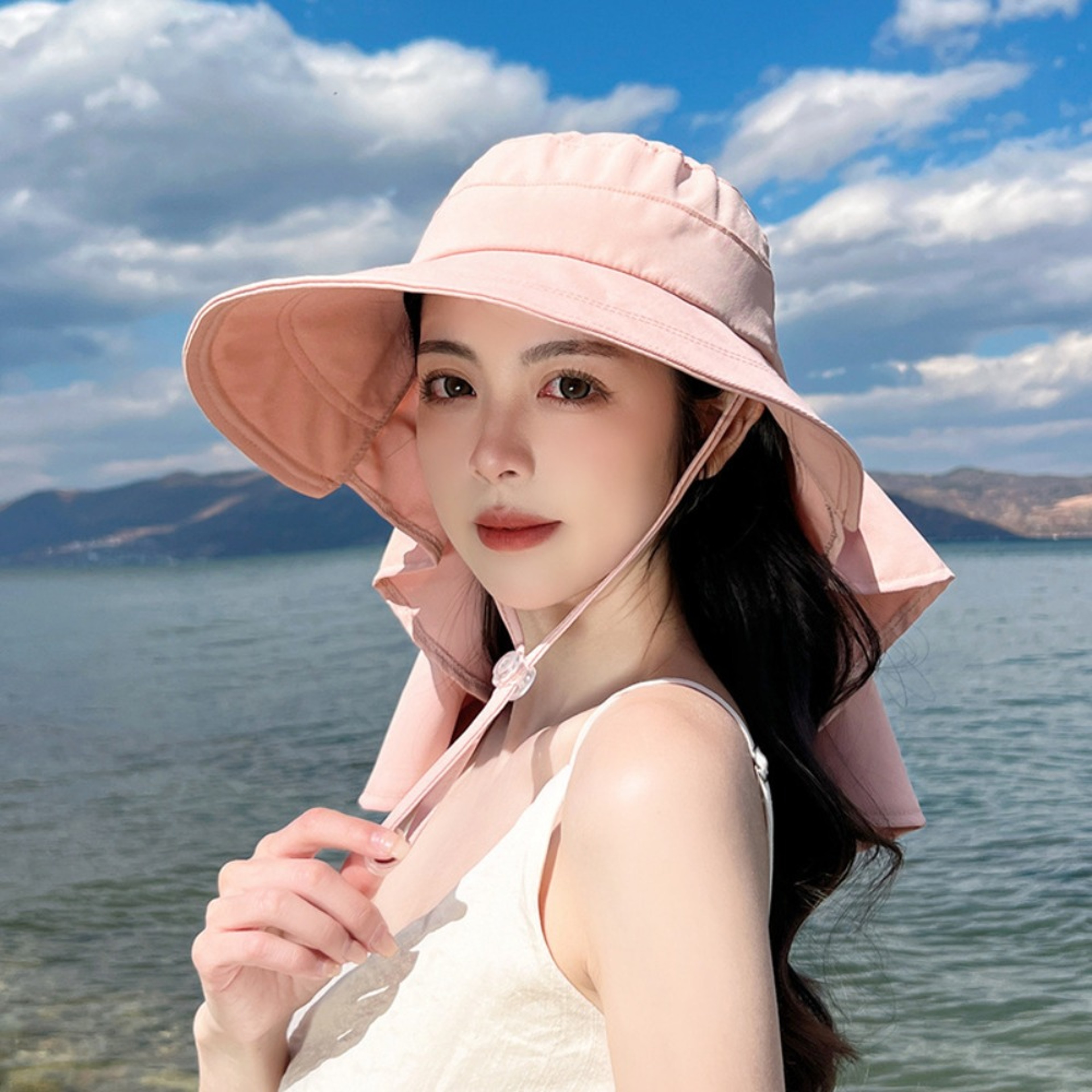 Wide Brim Ponytail Sun Hat With Removable Neck Shawl 0