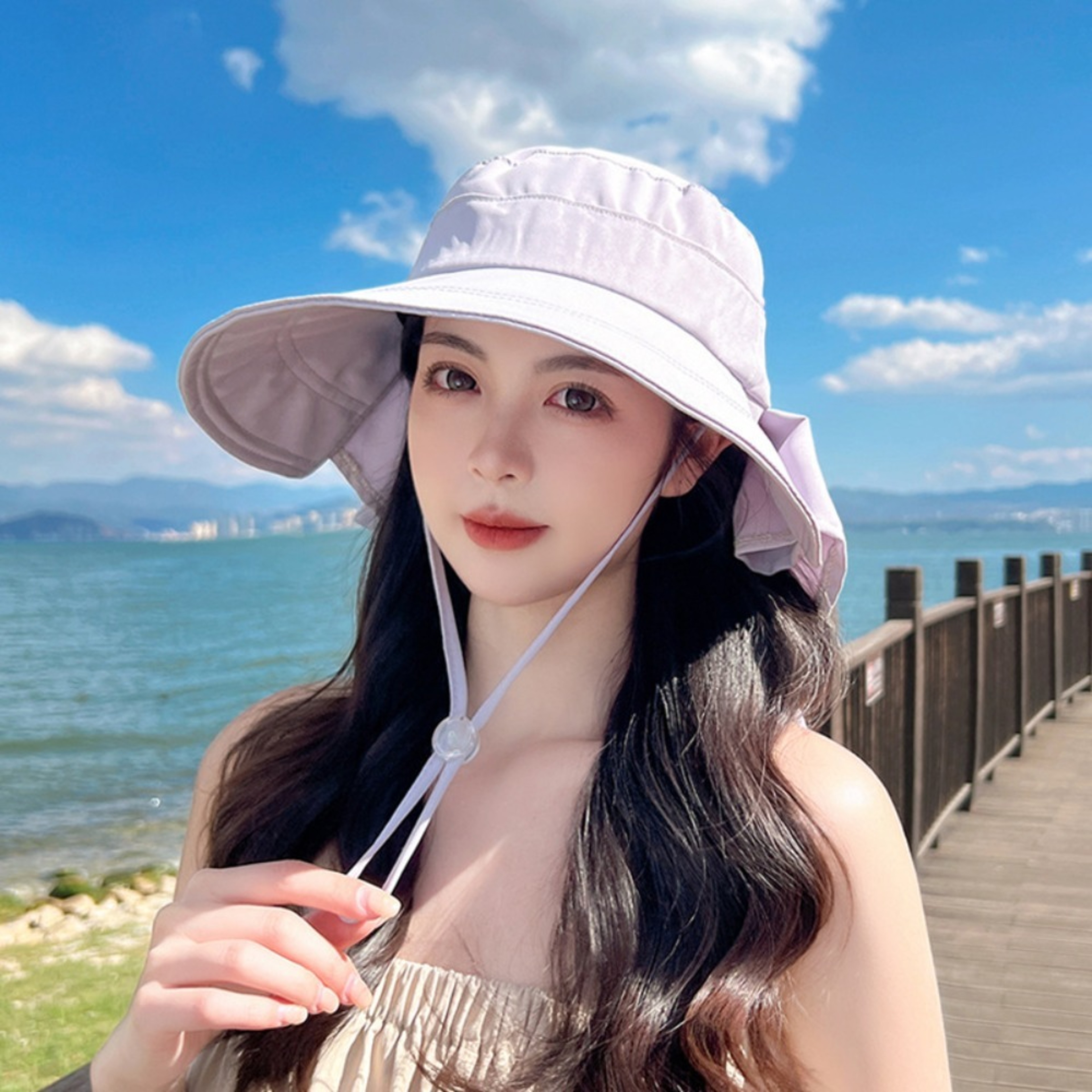 Wide Brim Ponytail Sun Hat With Removable Neck Shawl 1