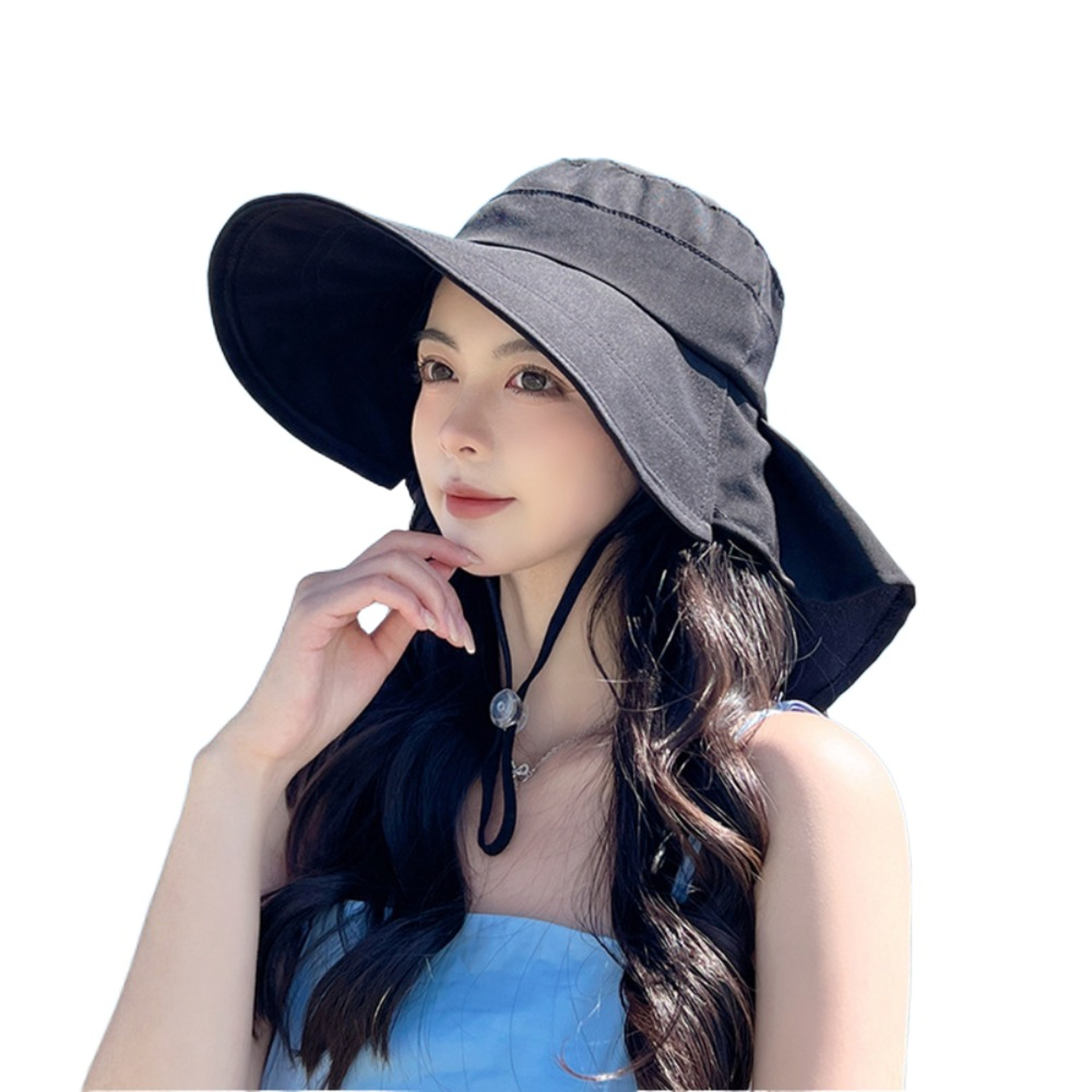Wide Brim Ponytail Sun Hat With Removable Neck Shawl 9
