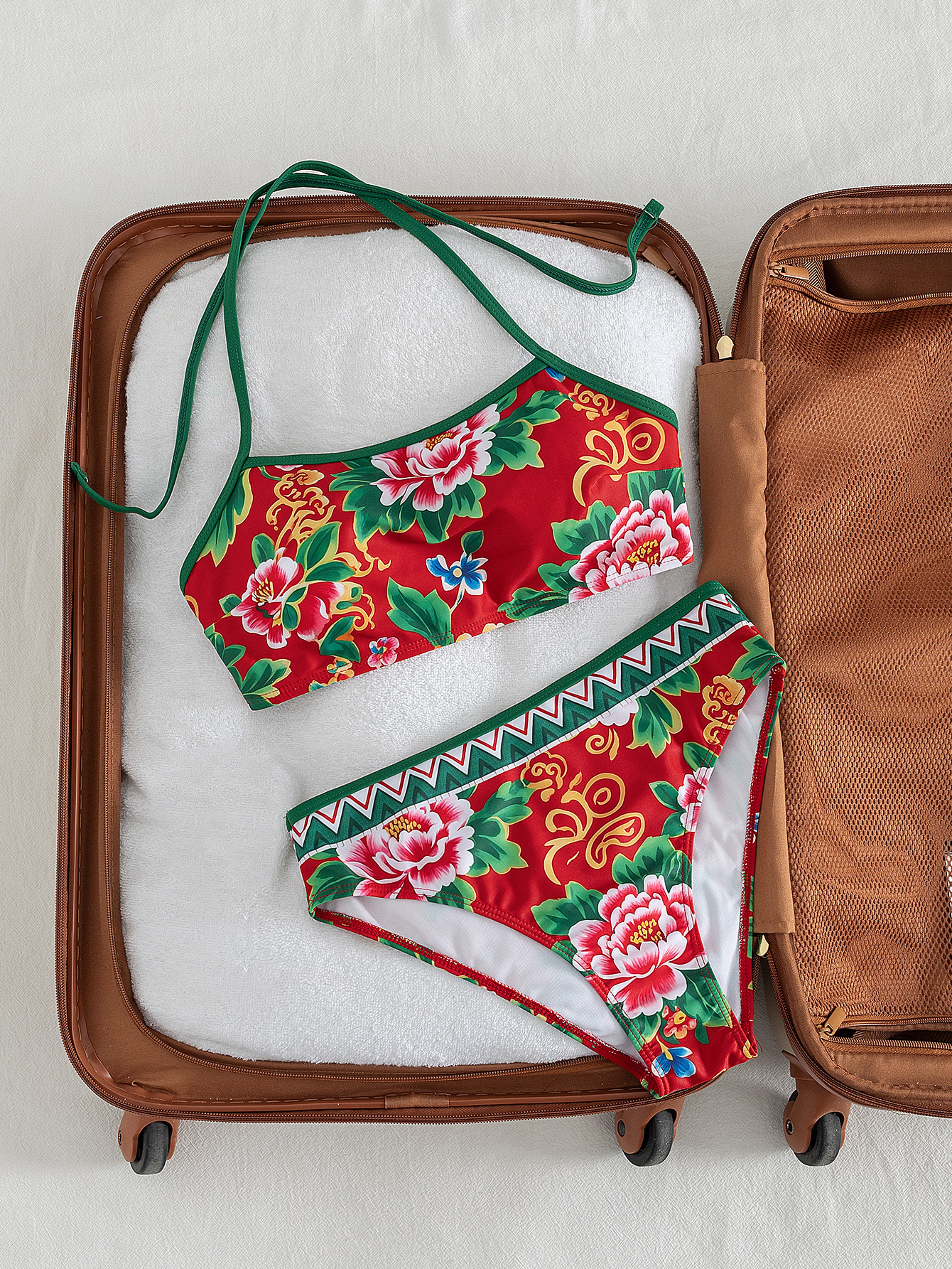Red Floral Halter Bikini Set  High Waisted Retro Two Piece Swimwear 1
