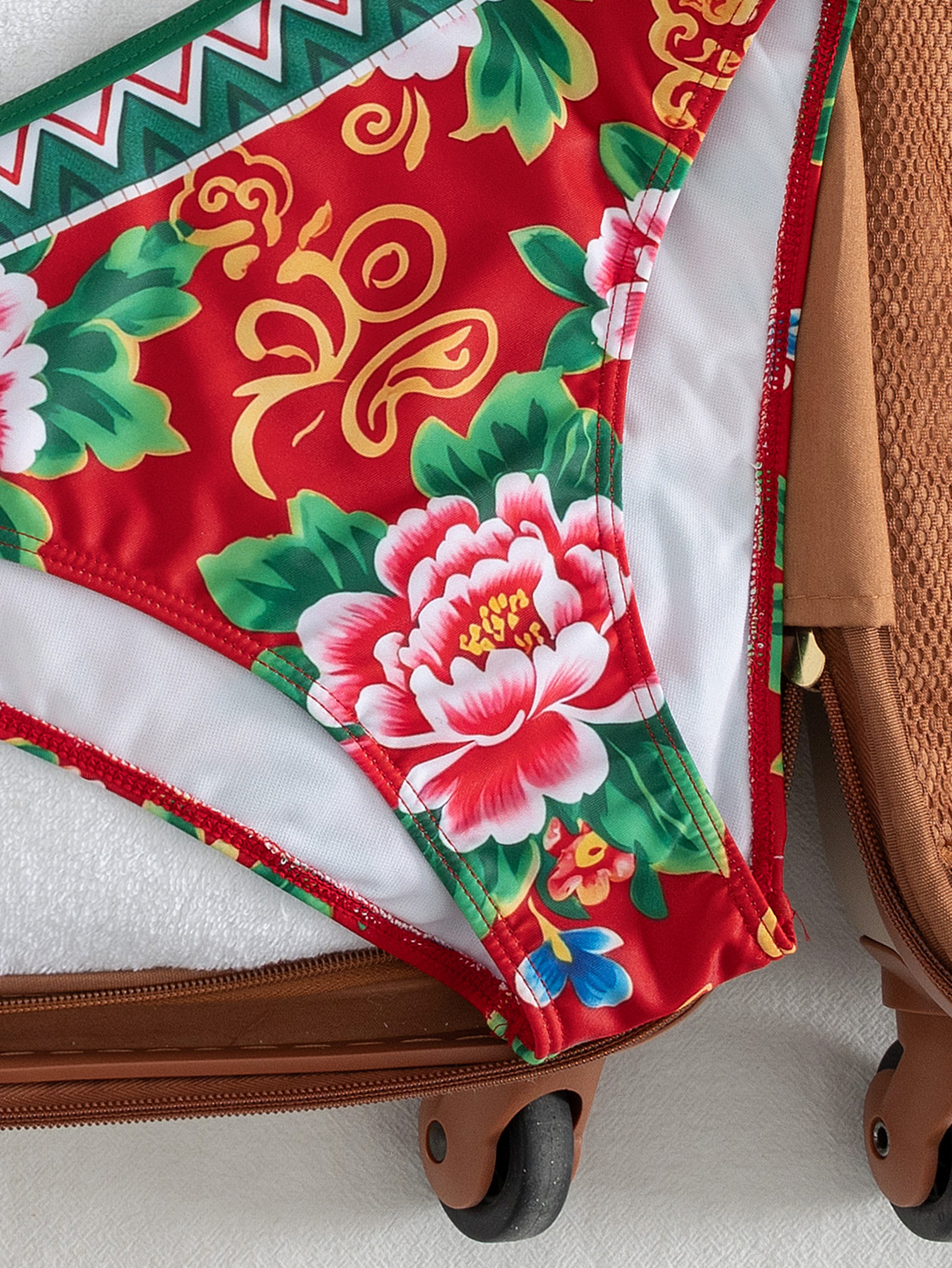 Red Floral Halter Bikini Set  High Waisted Retro Two Piece Swimwear 4