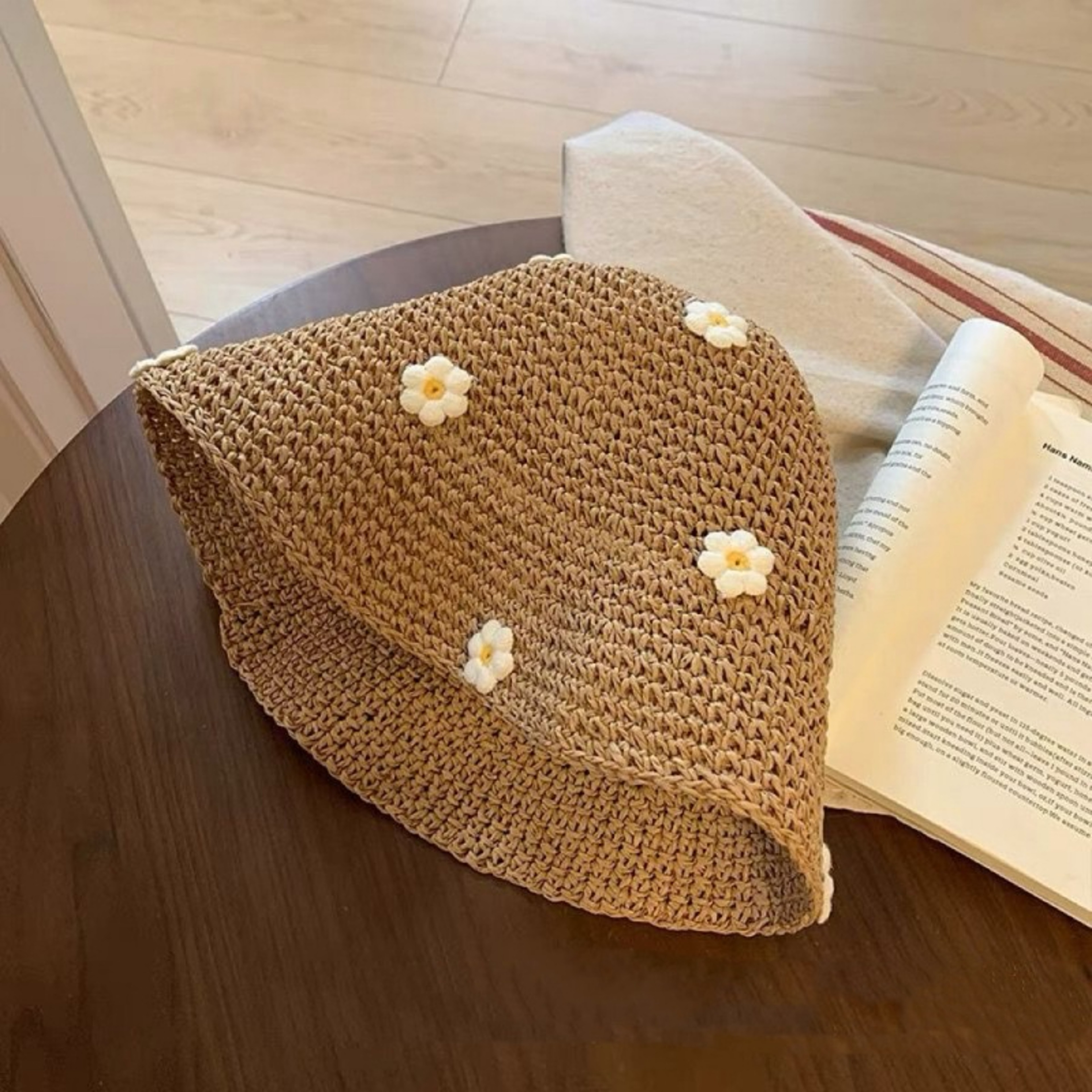 Boho Flower Crochet Straw Sun Hat  Packable Foldable Panama Bucket Hat 4
