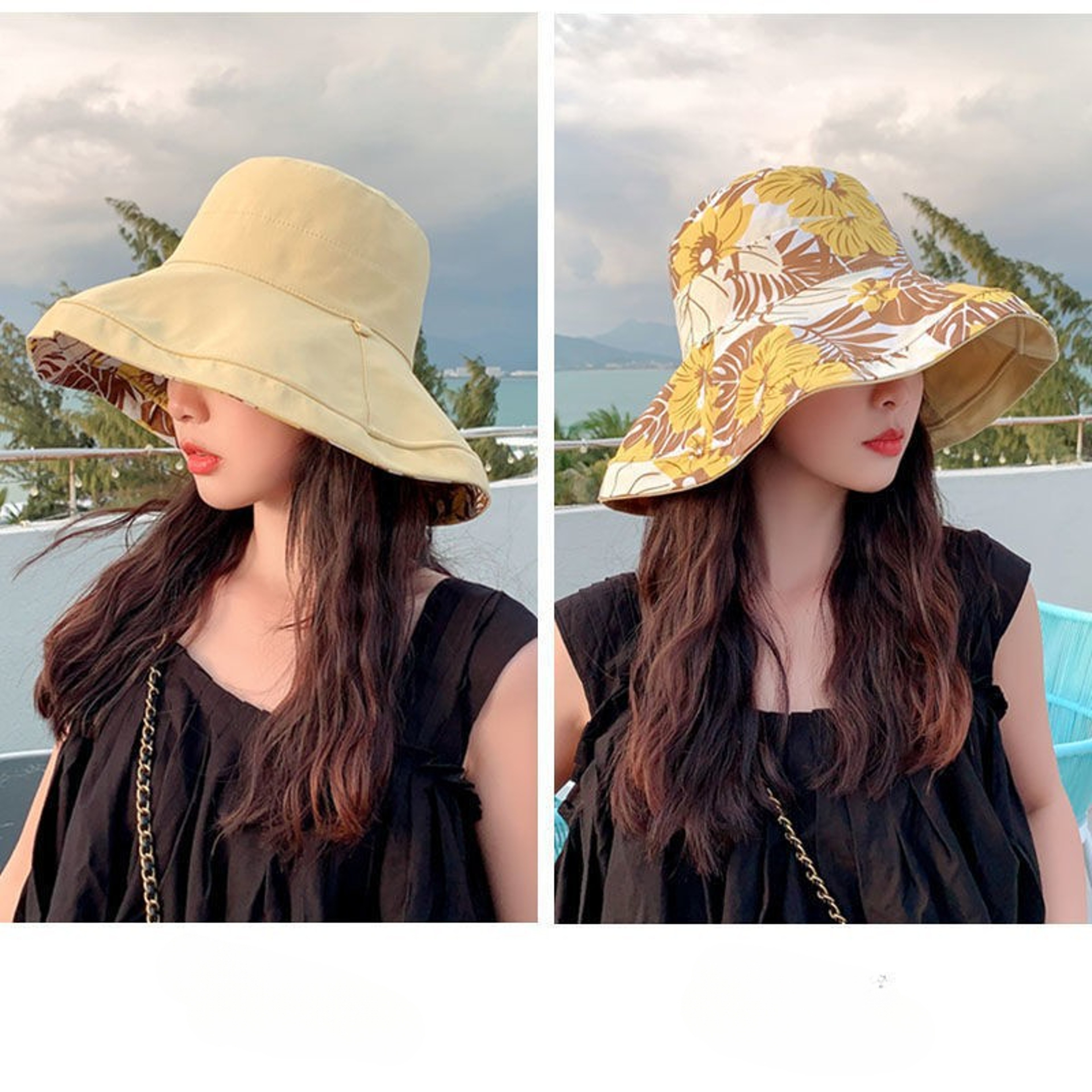 Bohemian Reversible Bucket Hat Floral Wide Brim Beach Hat – view 7
