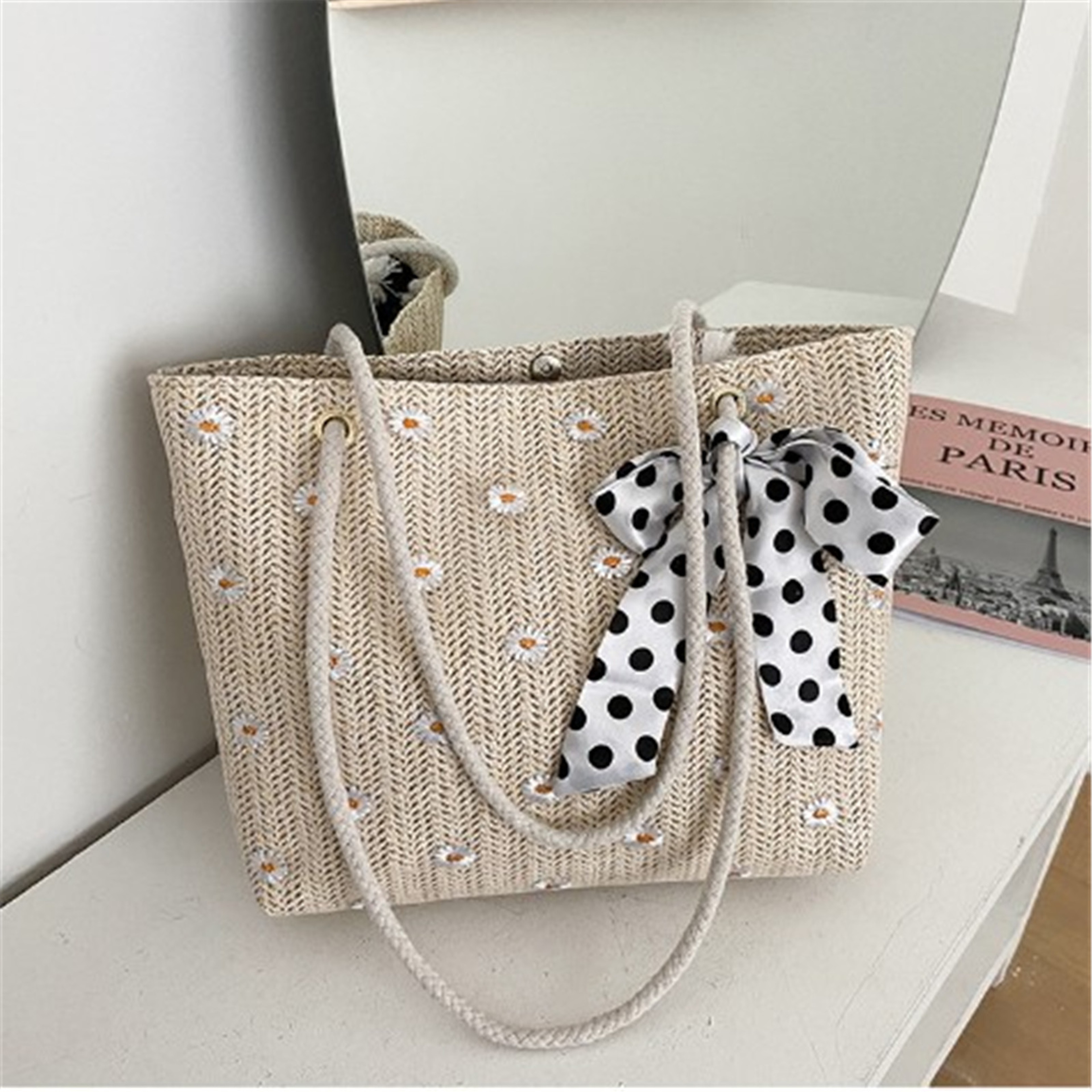 Embroidered Flower Straw Beach Tote Bag: Lace Accent Large Capacity Summer Handbag for Women – view 1