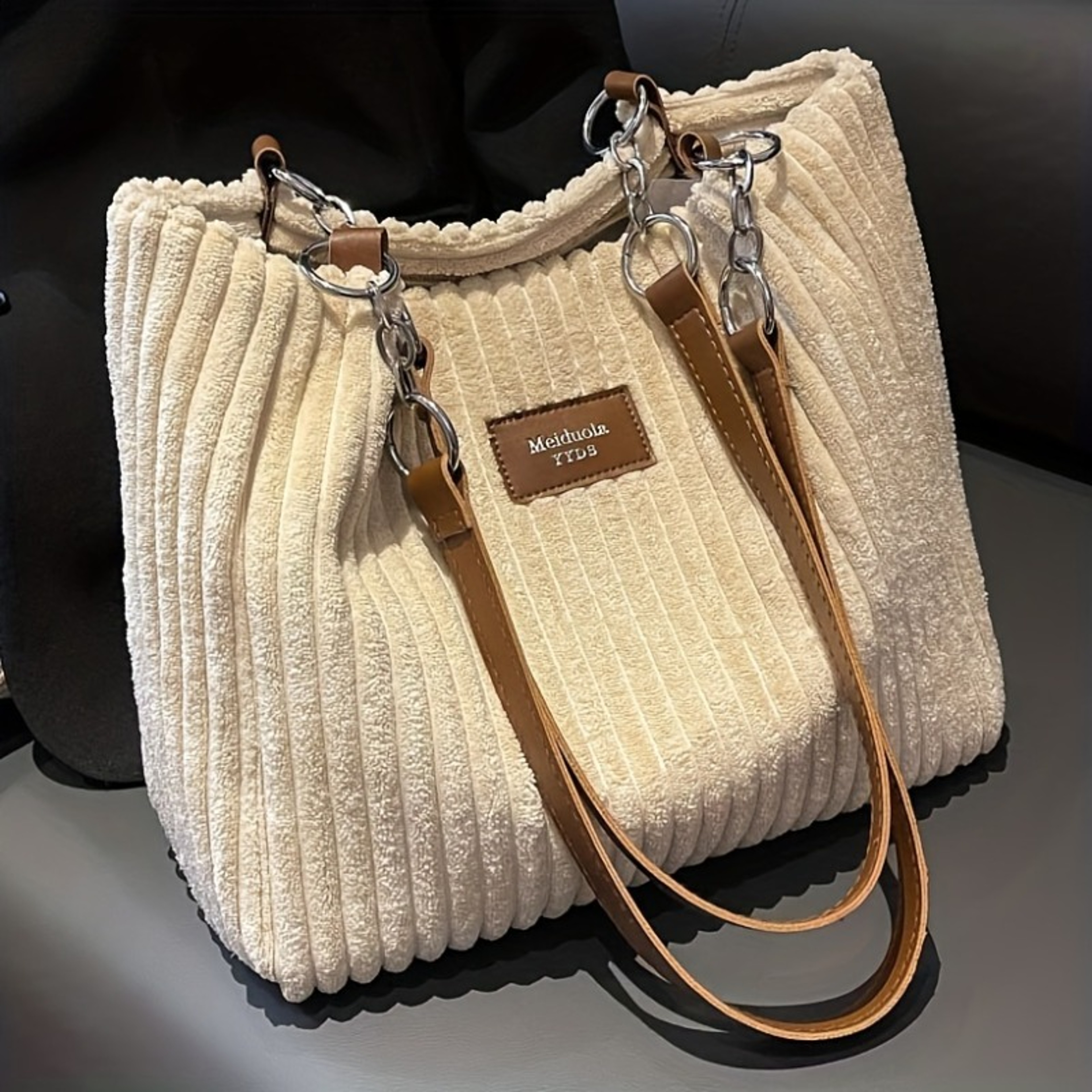Chic Corduroy Shoulder Bag  Spacious Everyday Tote Purse With Fashion Chain Accent 2