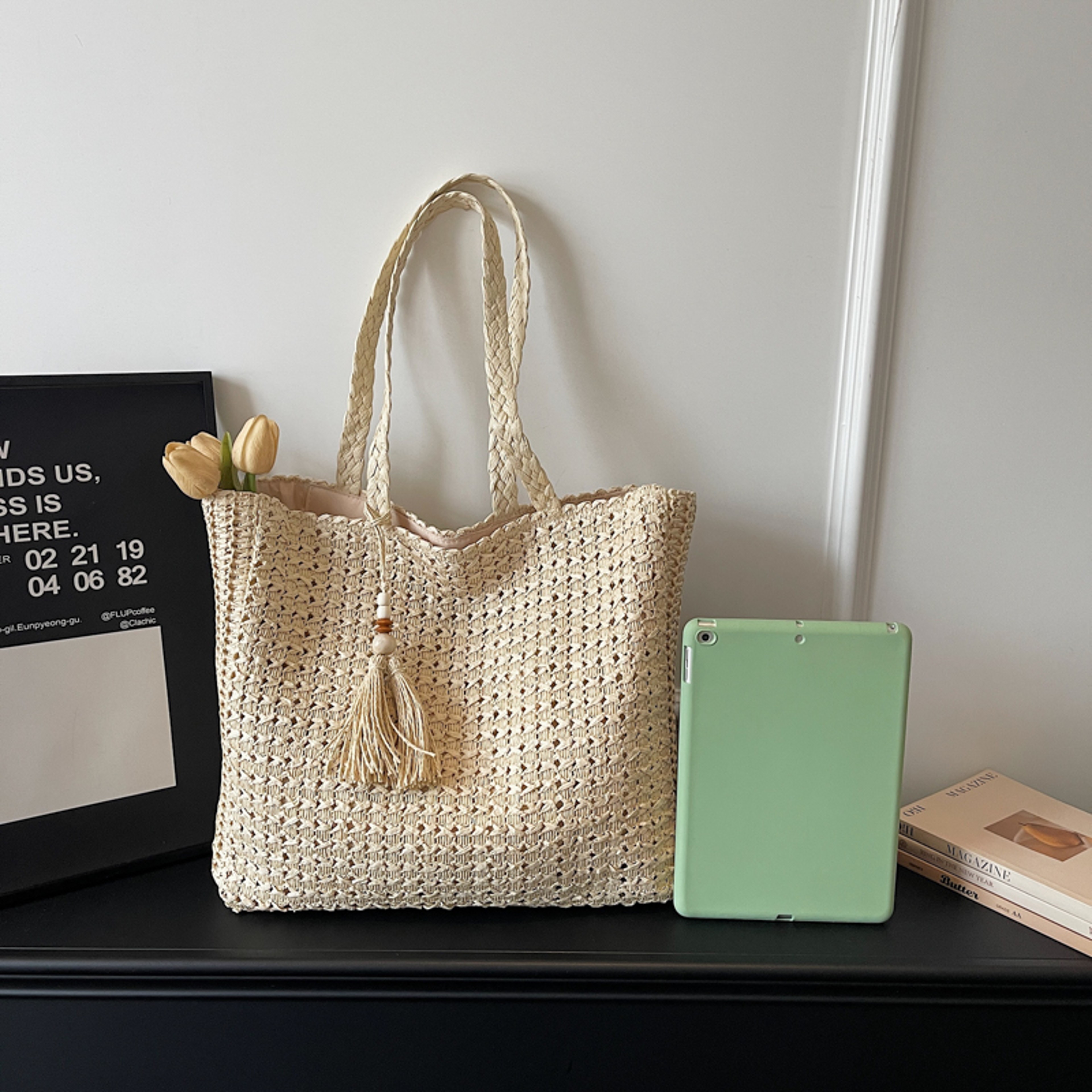 Boho Summer Straw Beach Tote Bag with Tassel – view 4