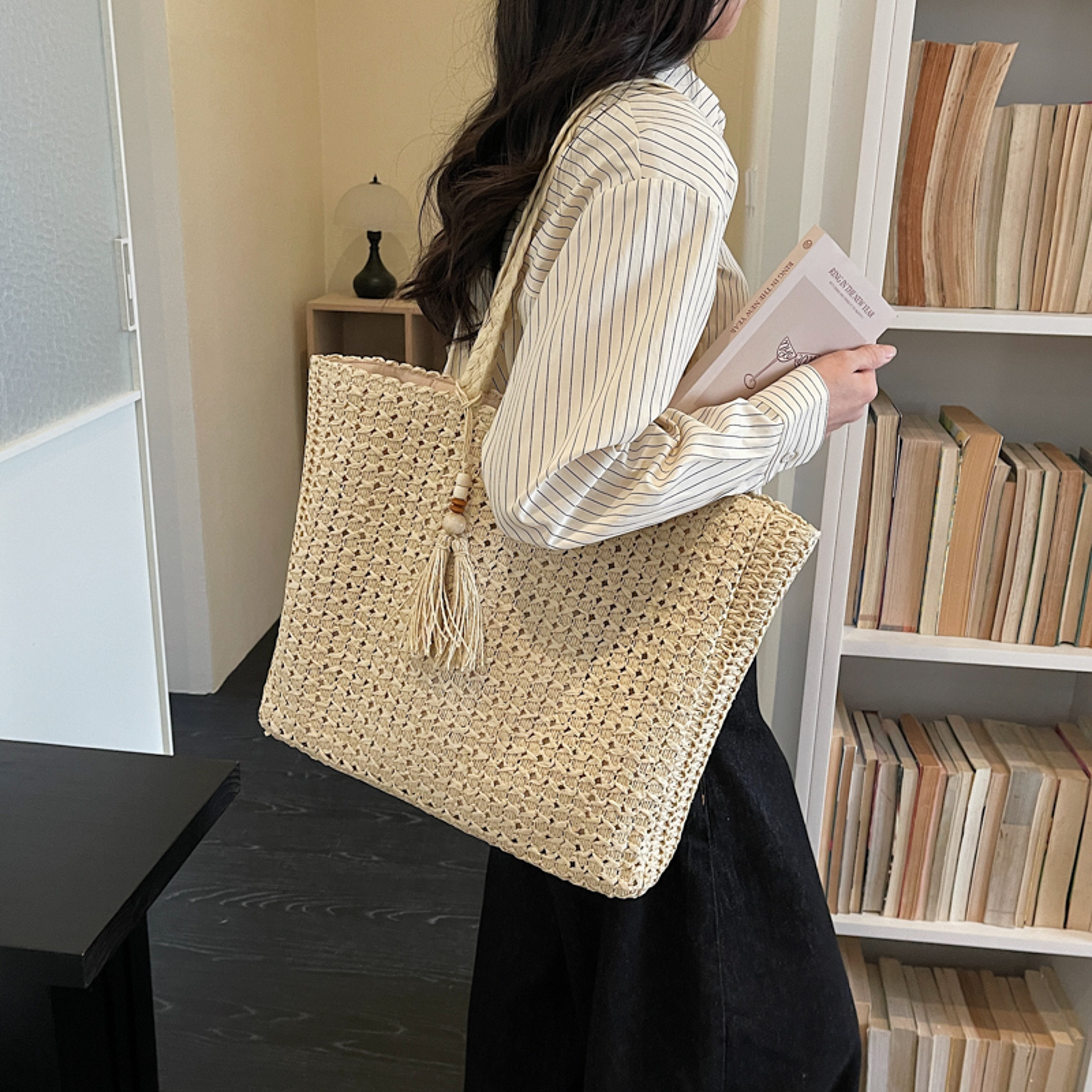 Boho Summer Straw Beach Tote Bag with Tassel – view 6