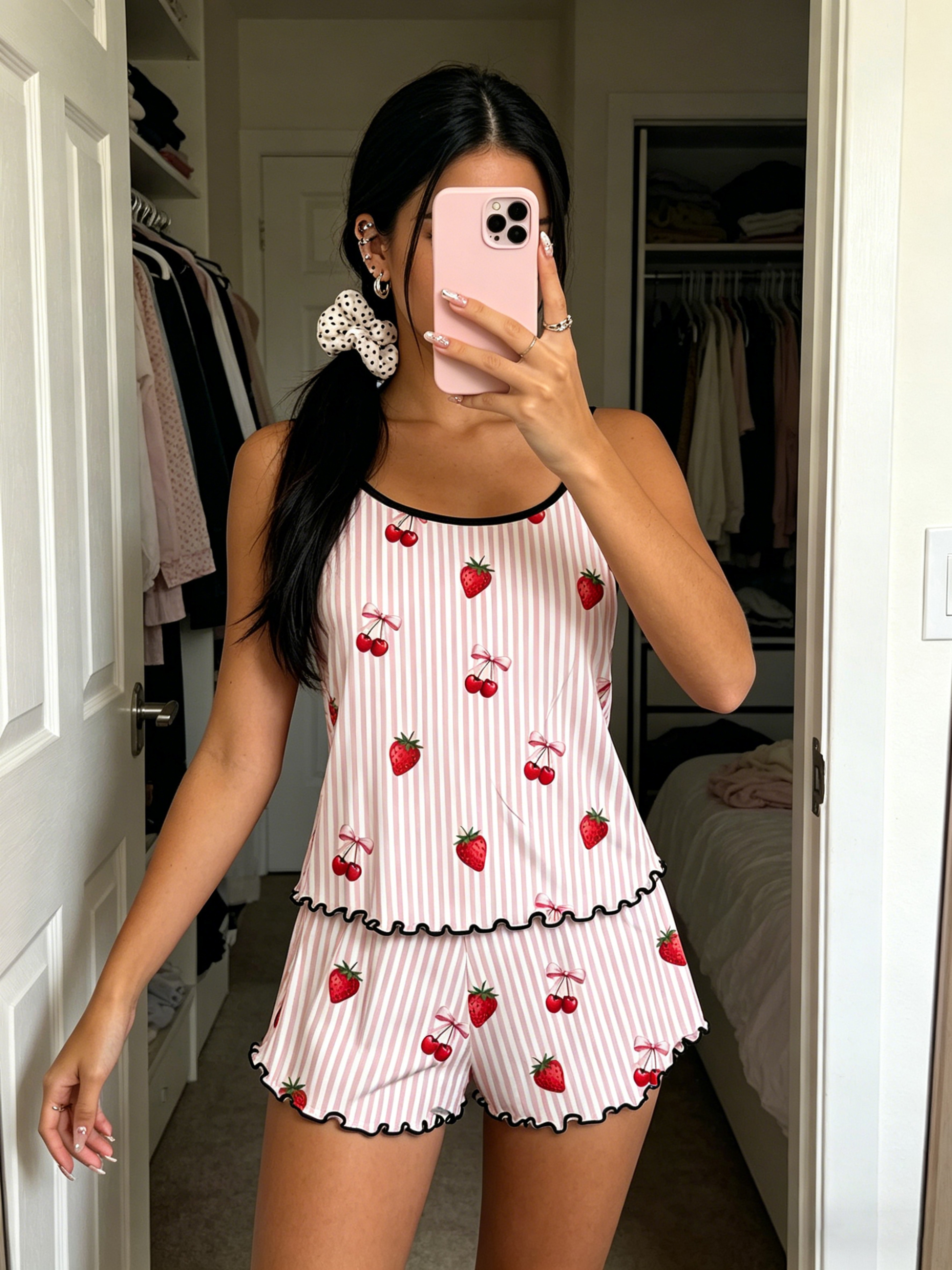 Pink Striped Cherry Bow Cami And Shorts Pajama Set With Ruffles 4