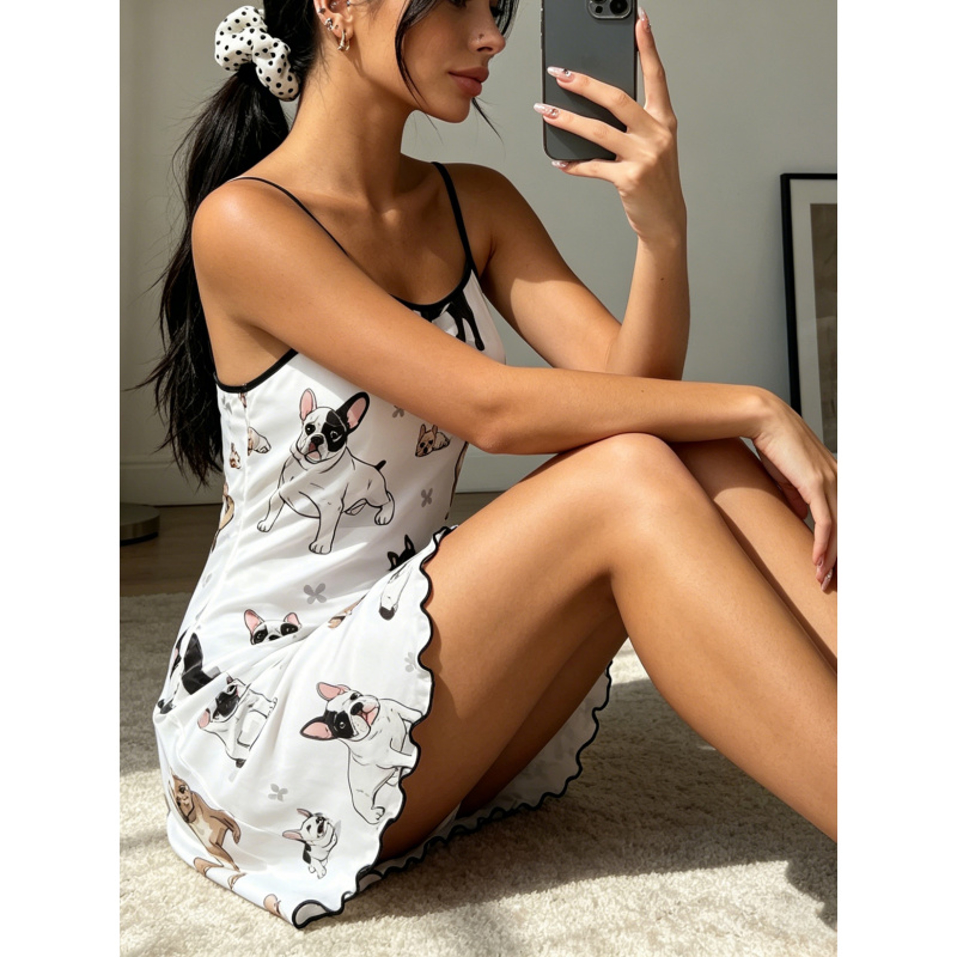 Cute French Bulldog Print Women Summer Nightdress Ruffle Trim Spaghetti Strap Cute Nightgown Lounge 3