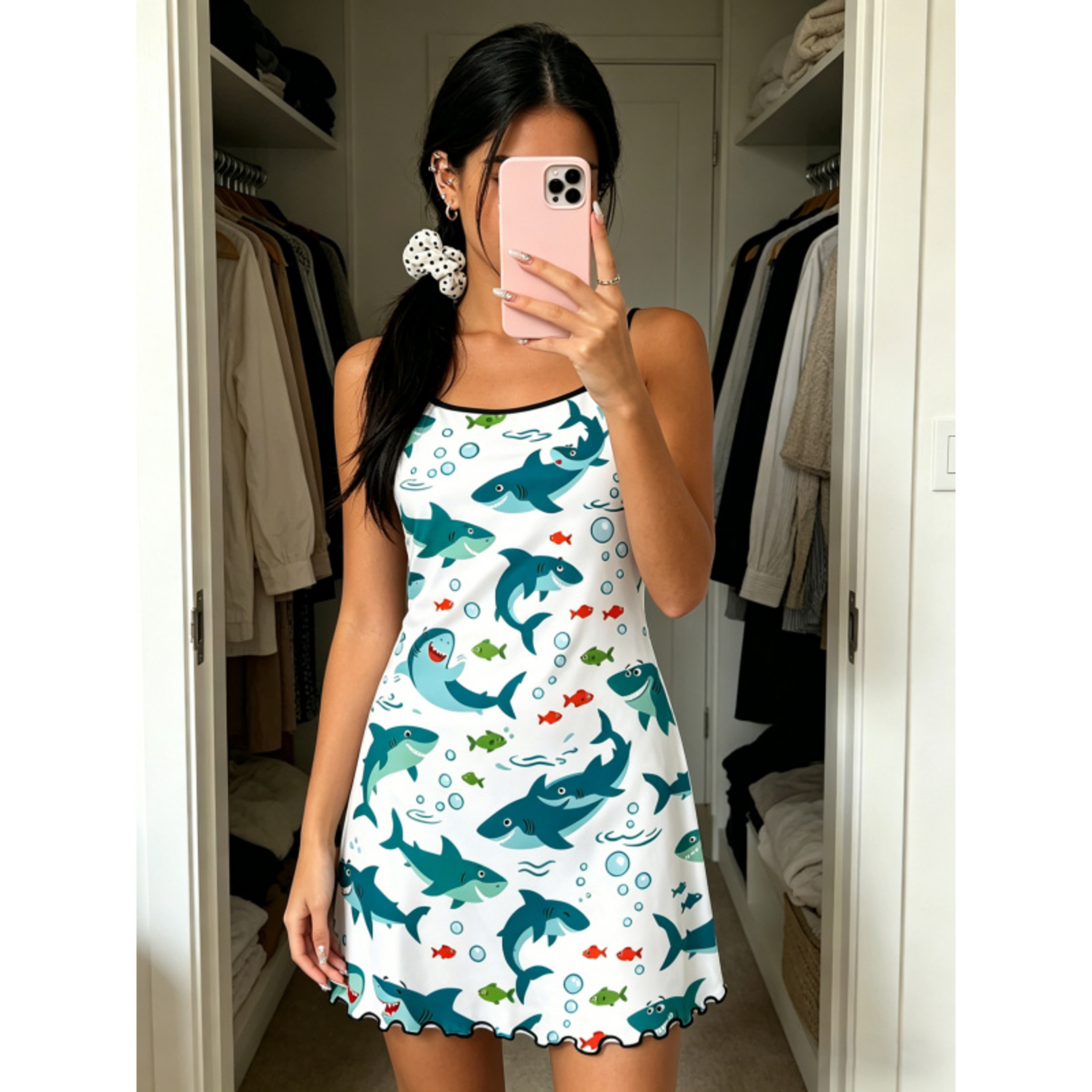 Cute Cartoon Shark Print Summer Nightdress Ruffle Trim Spaghetti Strap Loungewear Sleep Dress 0