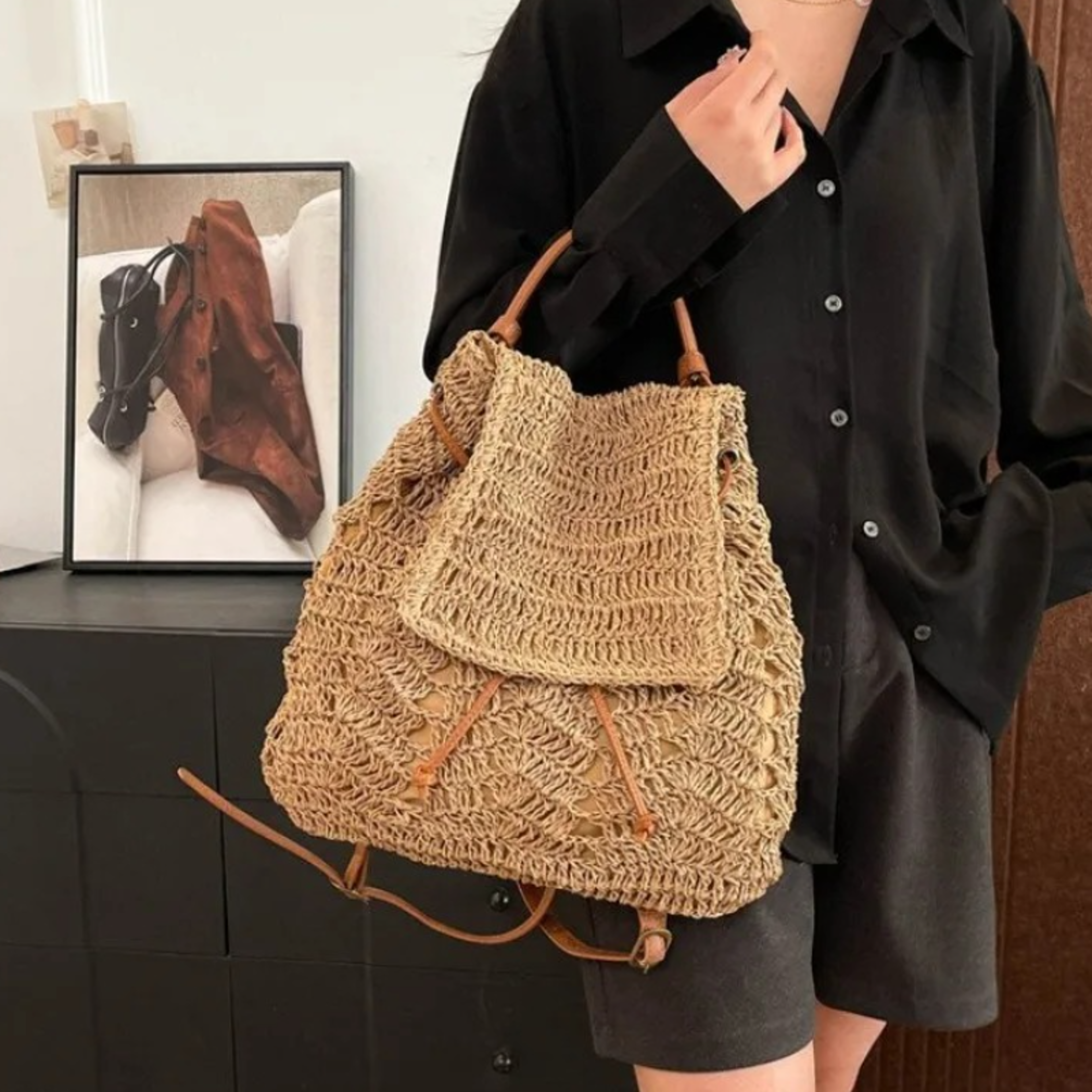 Boho Straw Drawstring Backpack Large Capacity Summer Beach Bag for Women – view 3