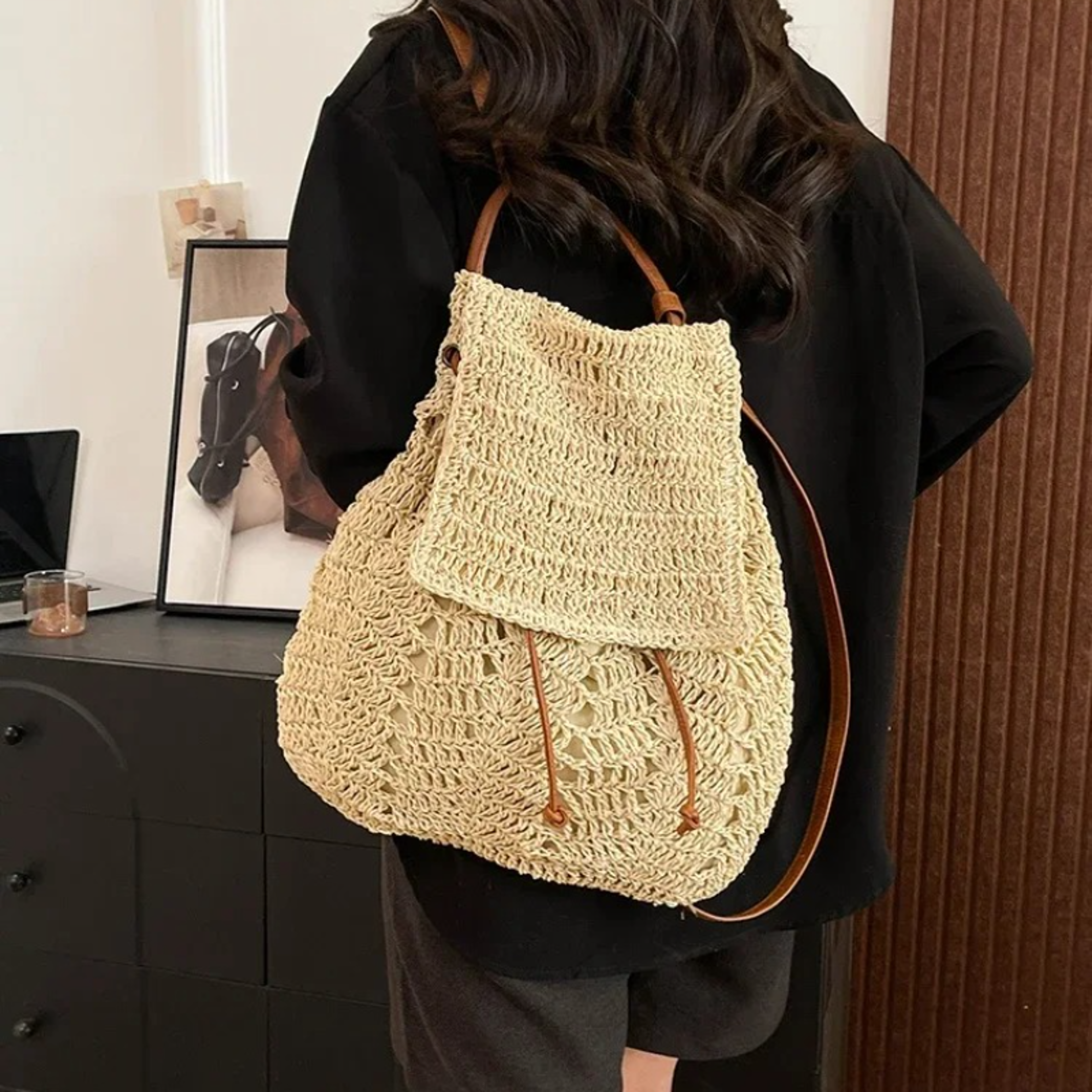 Boho Straw Drawstring Backpack Large Capacity Summer Beach Bag for Women – view 4