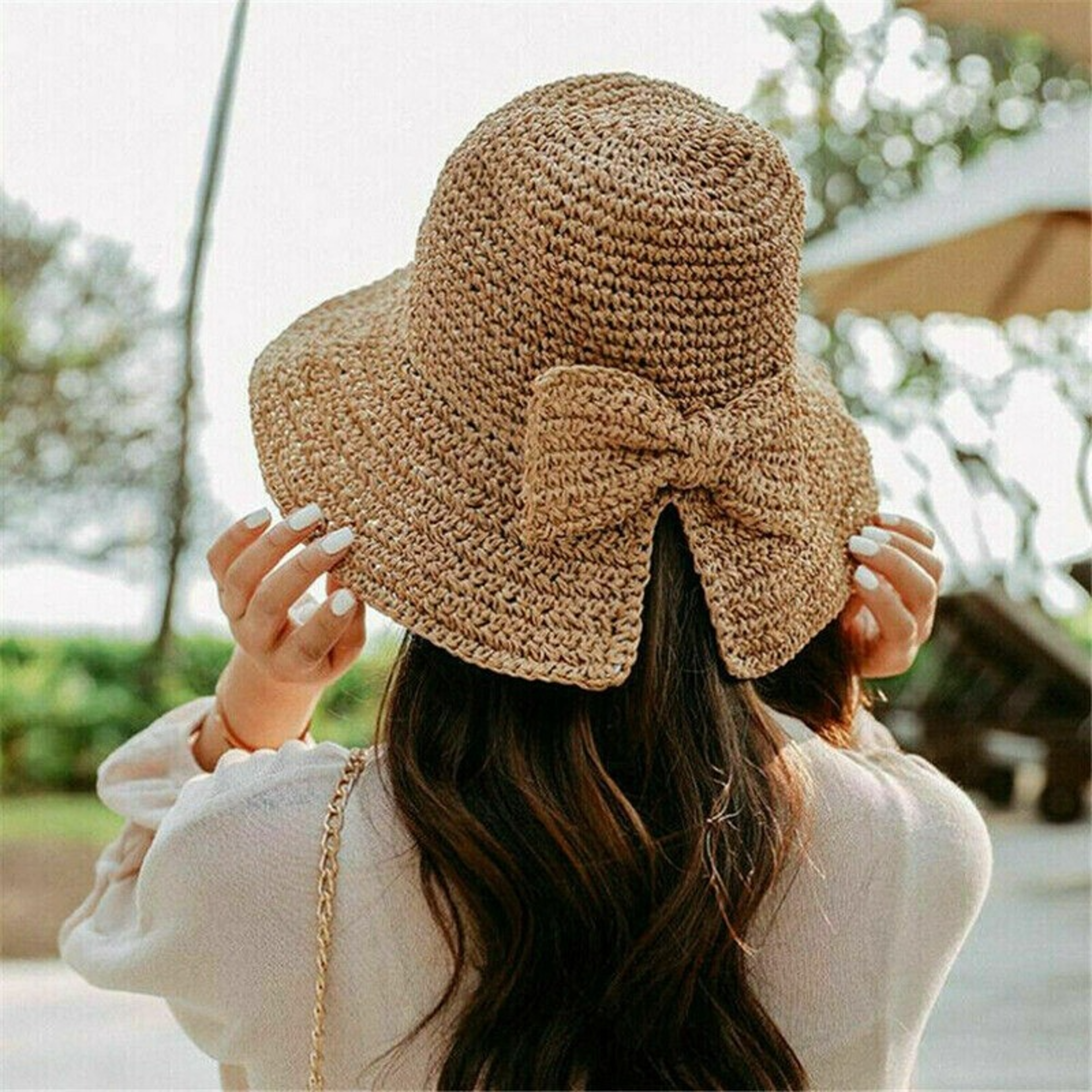 Foldable Wide Brim Beach Sun Hat with Elegant Bowknot – view 1