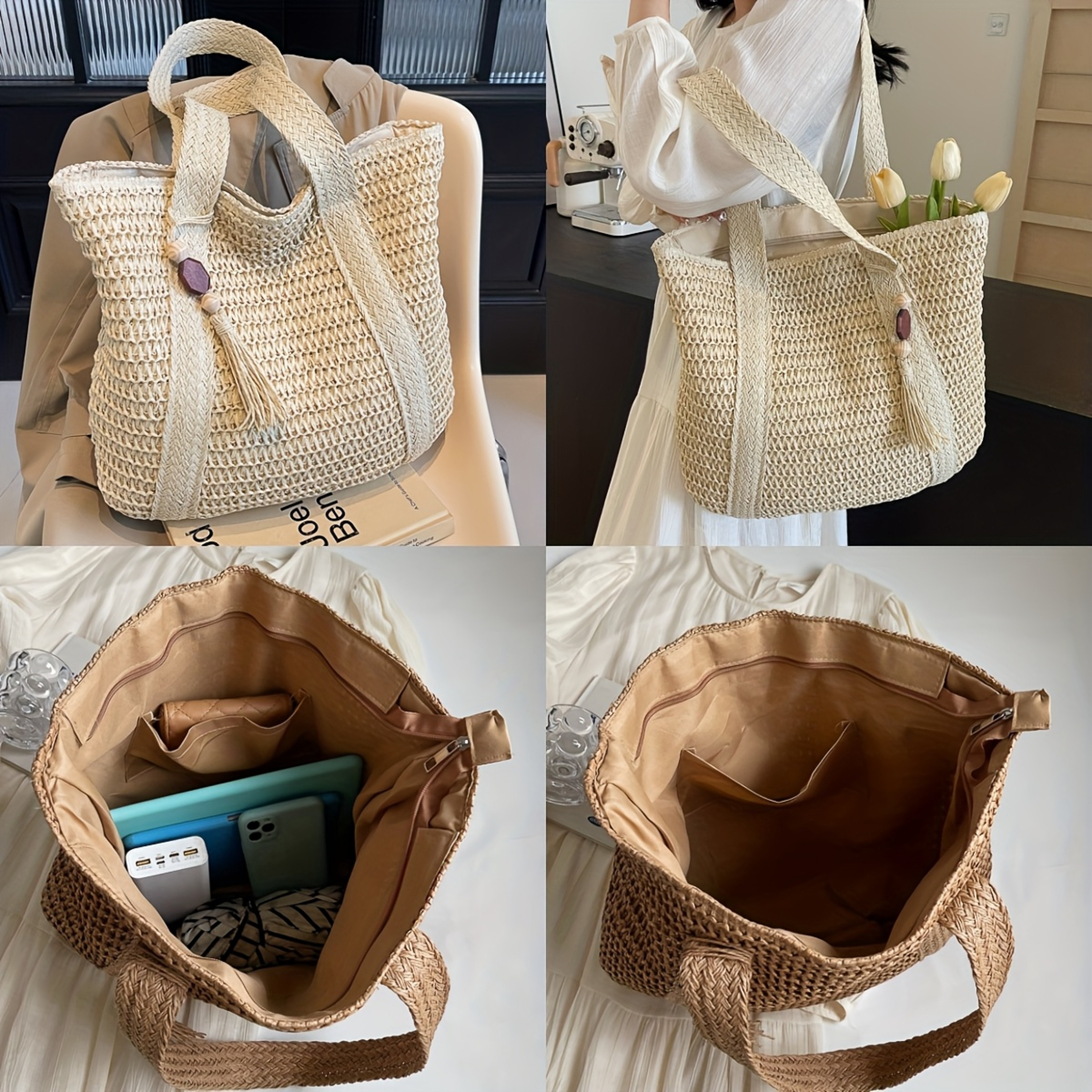 Handmade Woven Tote Bag Chic Straw Summer Beach Shoulder Bag 0