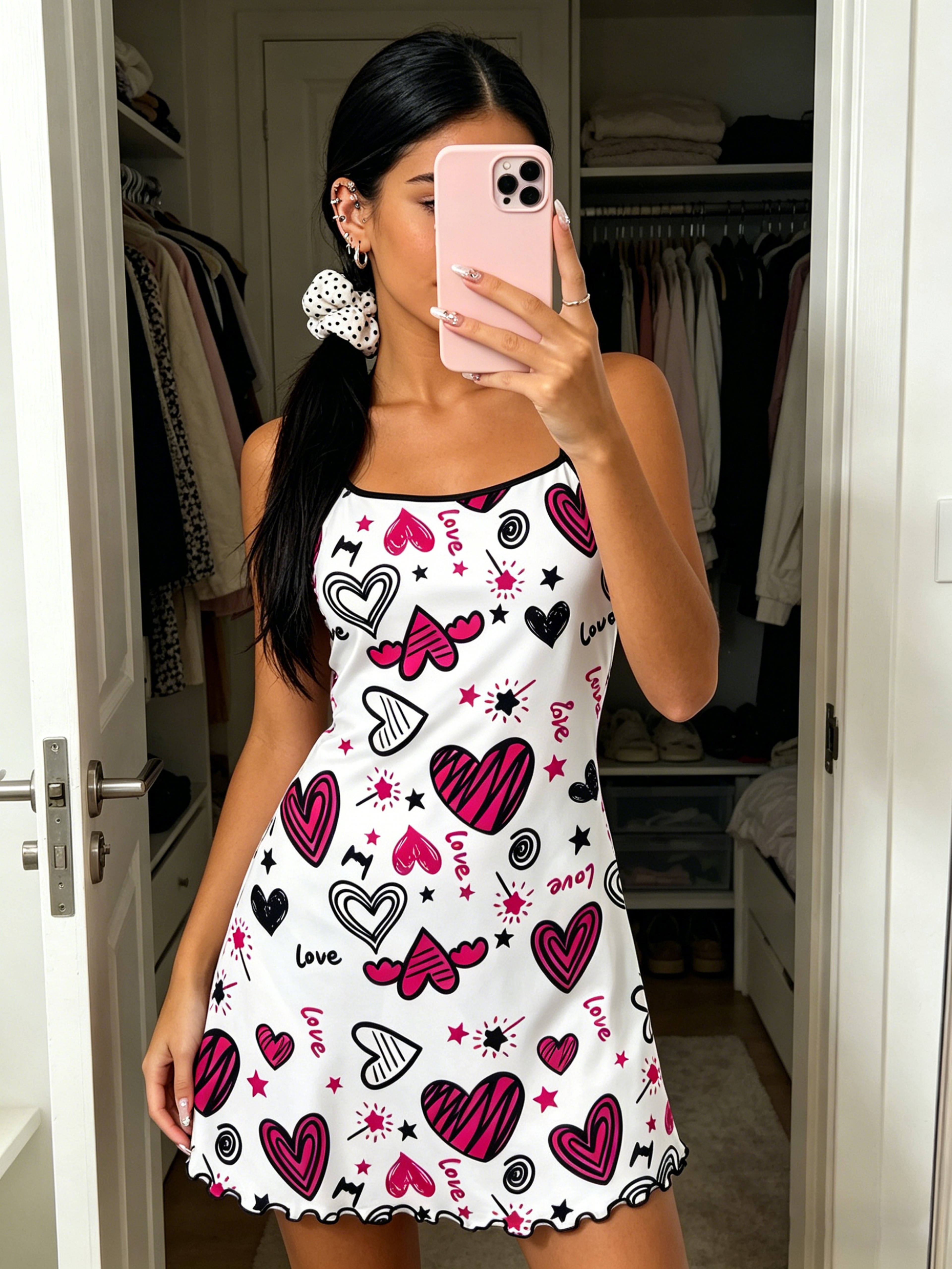 Graffiti Heart Print Summer Nightdress With Spaghetti Straps 4