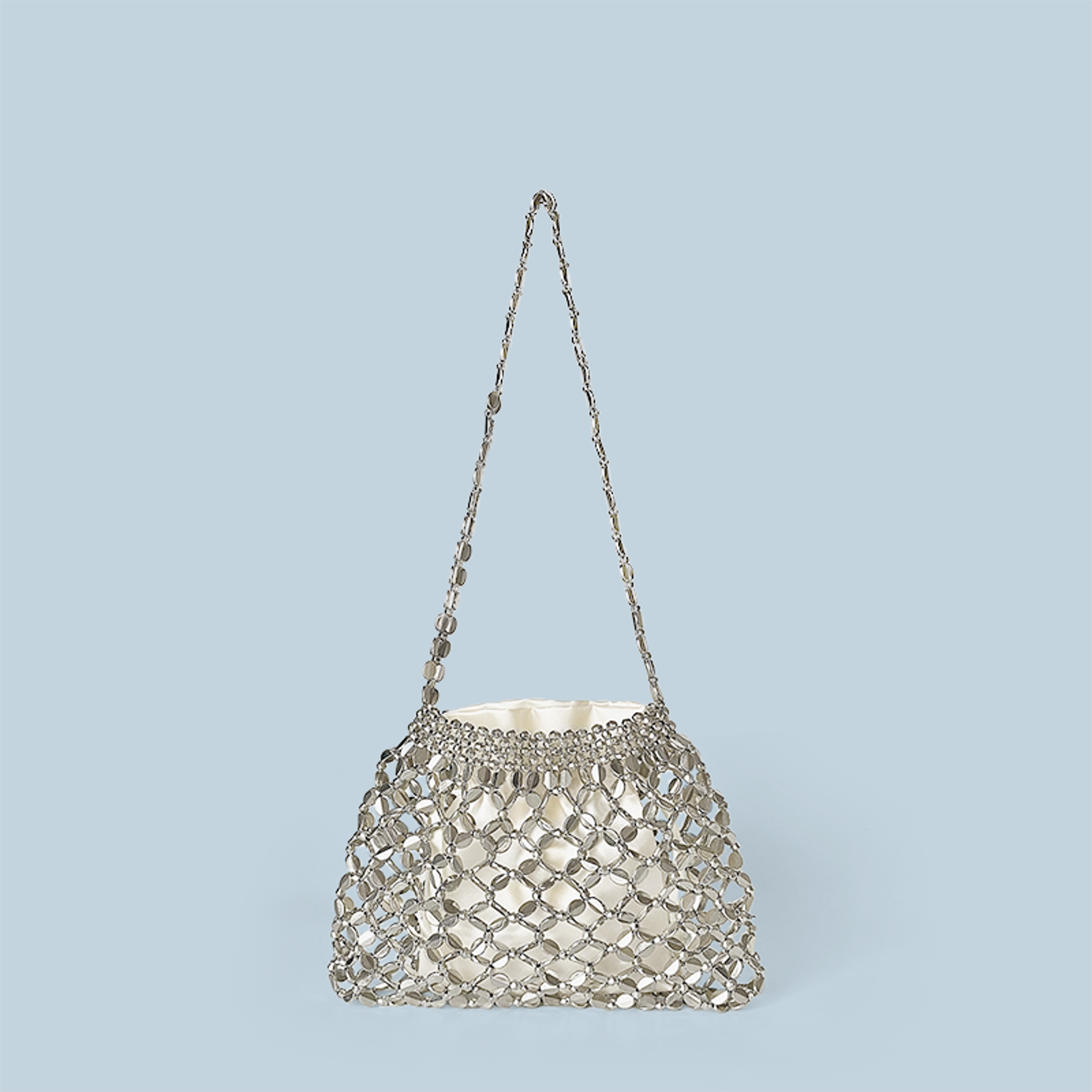 Handmade Beaded Silver Shoulder Bag – Niche Woven Evening Clutch and Summer Handbag – view 1