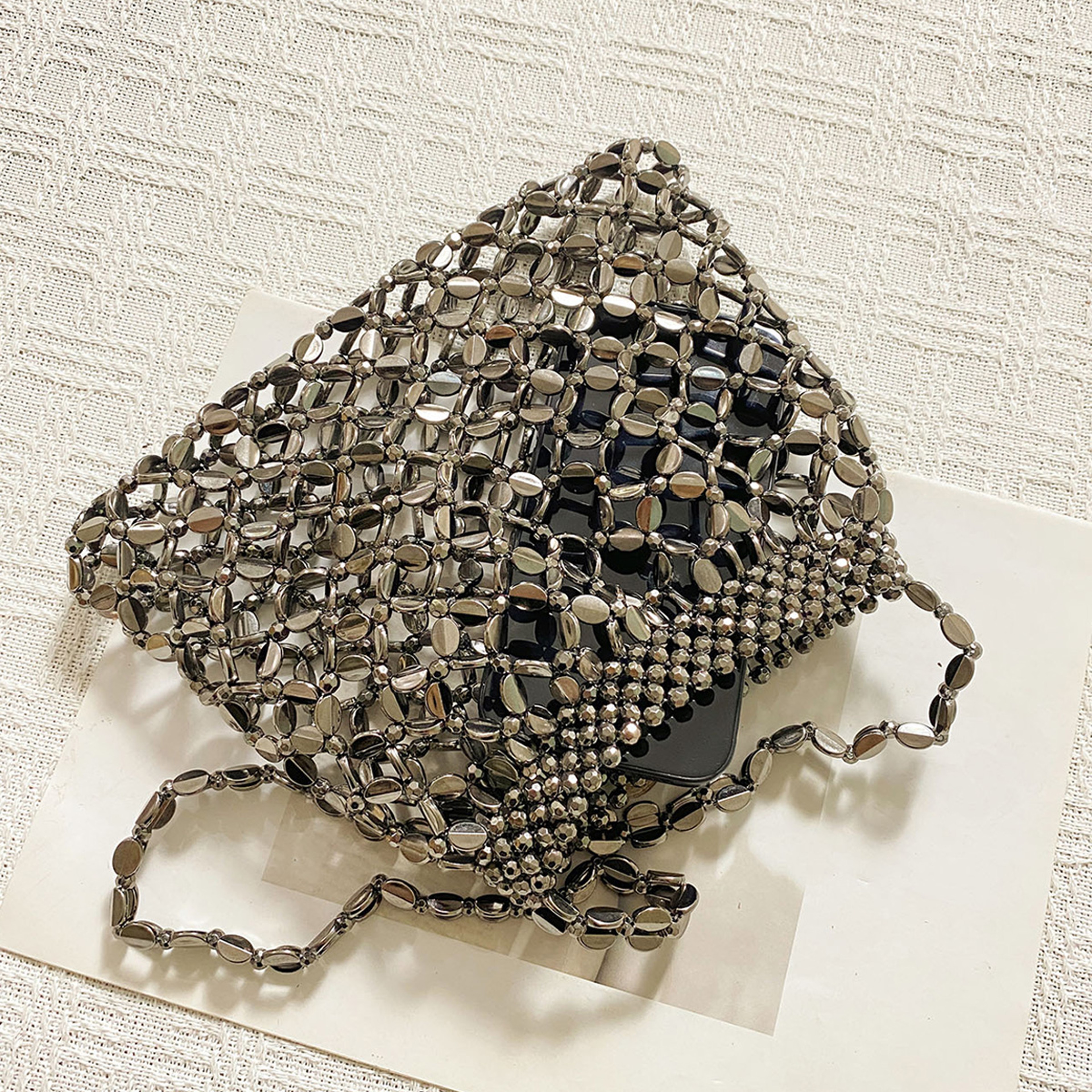 Handmade Beaded Silver Shoulder Bag – Niche Woven Evening Clutch and Summer Handbag – view 8