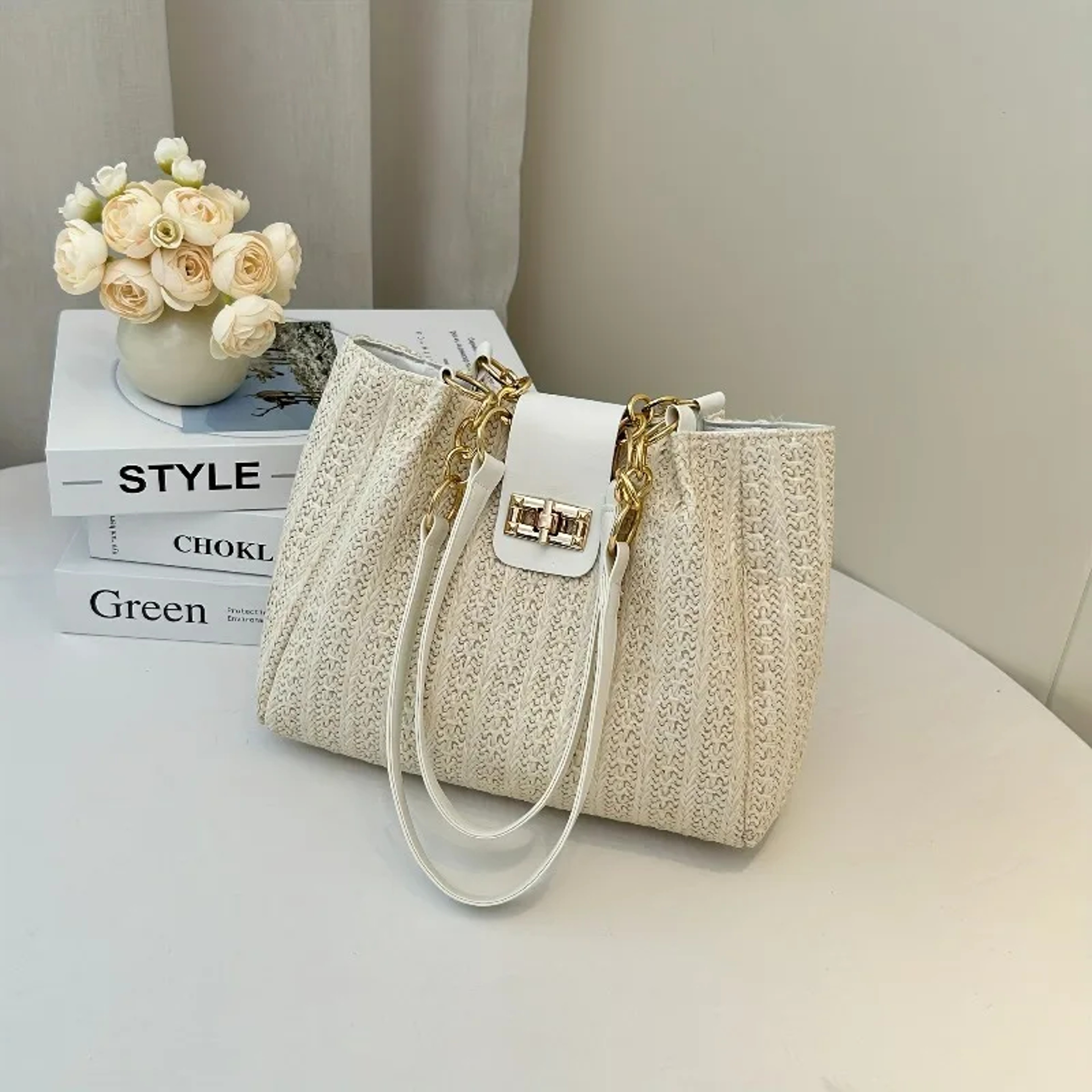 Korean Style Woven Shoulder Bag Leather Patchwork Handbag 4
