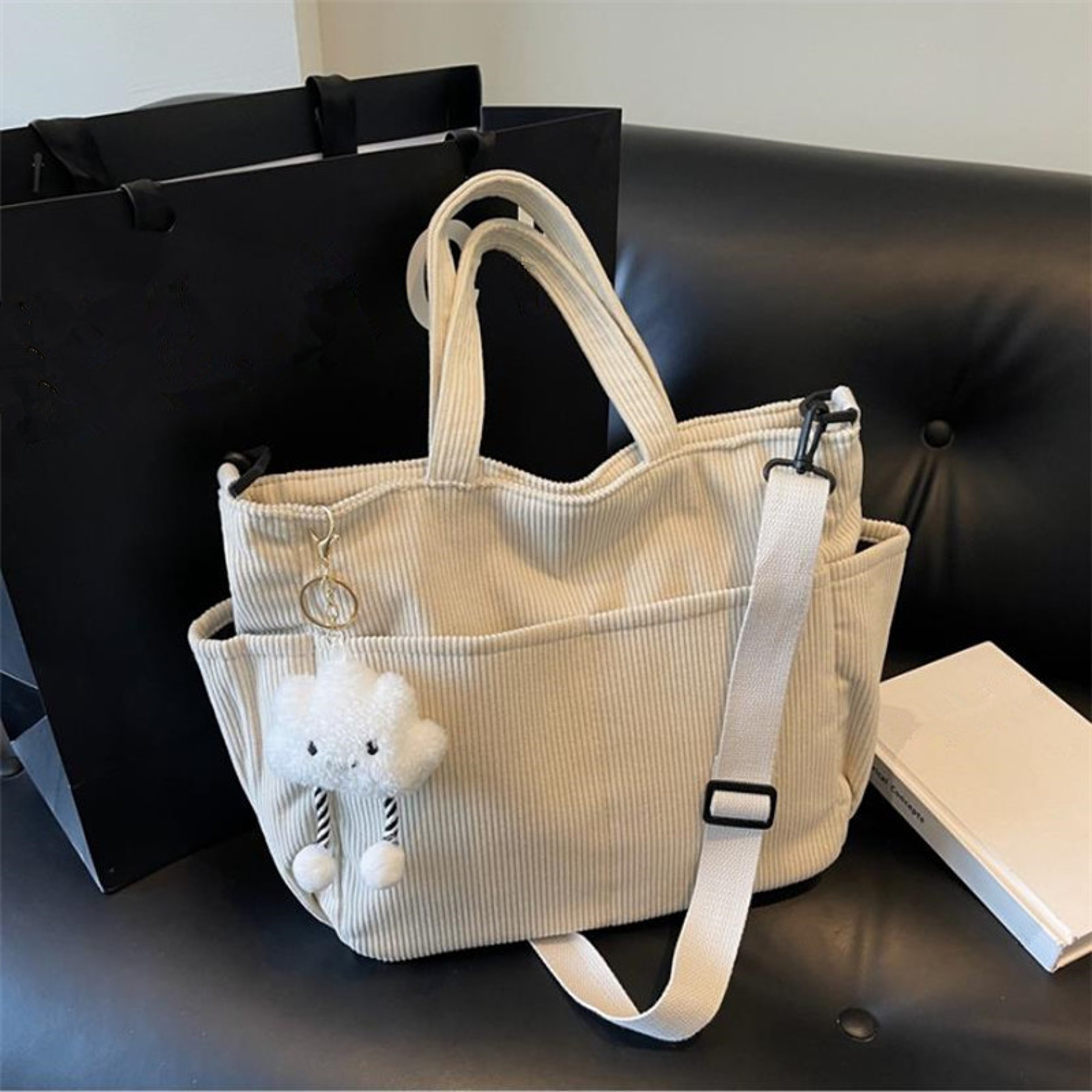 Chic Corduroy Tote Bag with Zipper Aesthetic Everyday Crossbody Shoulder Bag – view 4