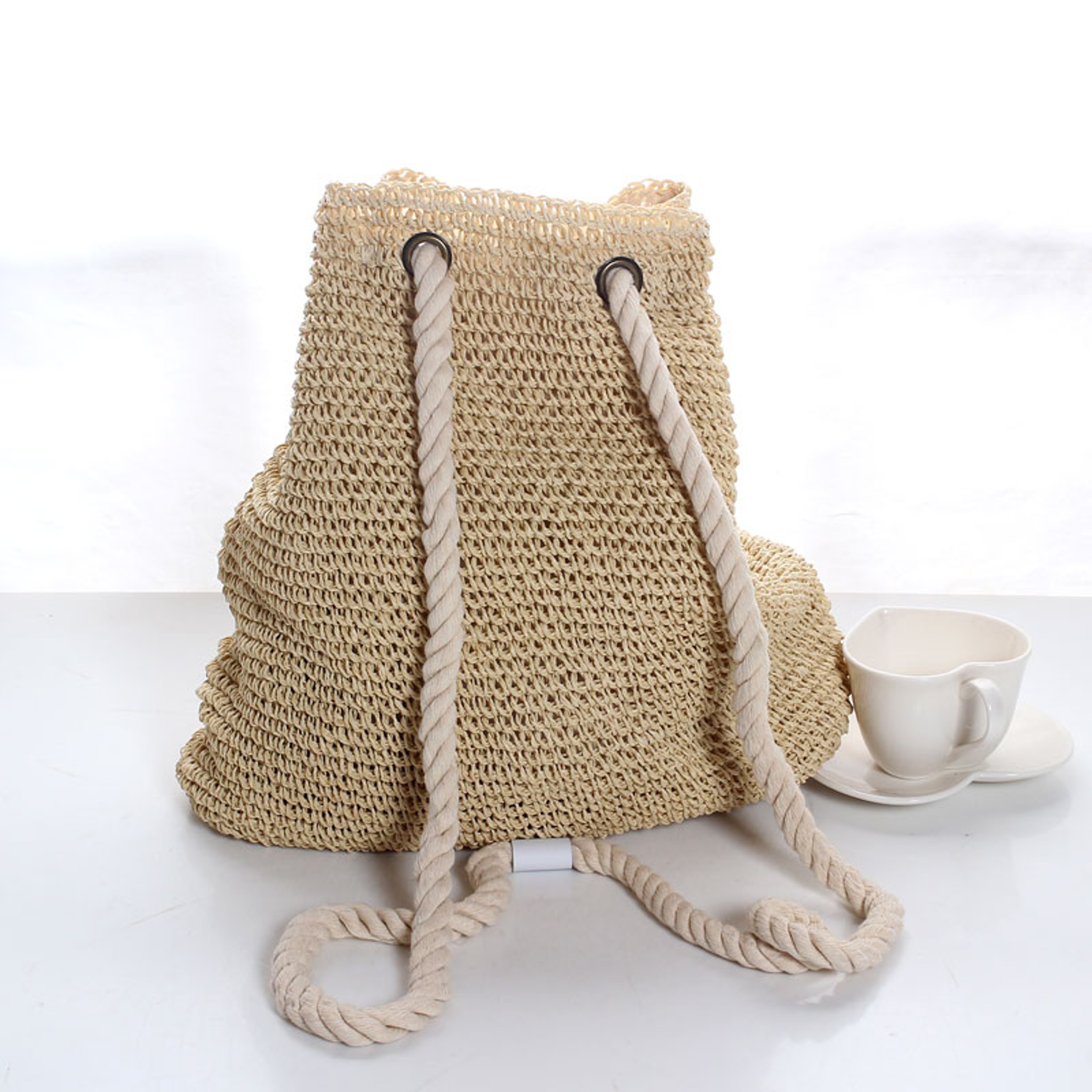 Handmade Straw Backpack Bohemian Drawstring Summer Beach Bag – view 4