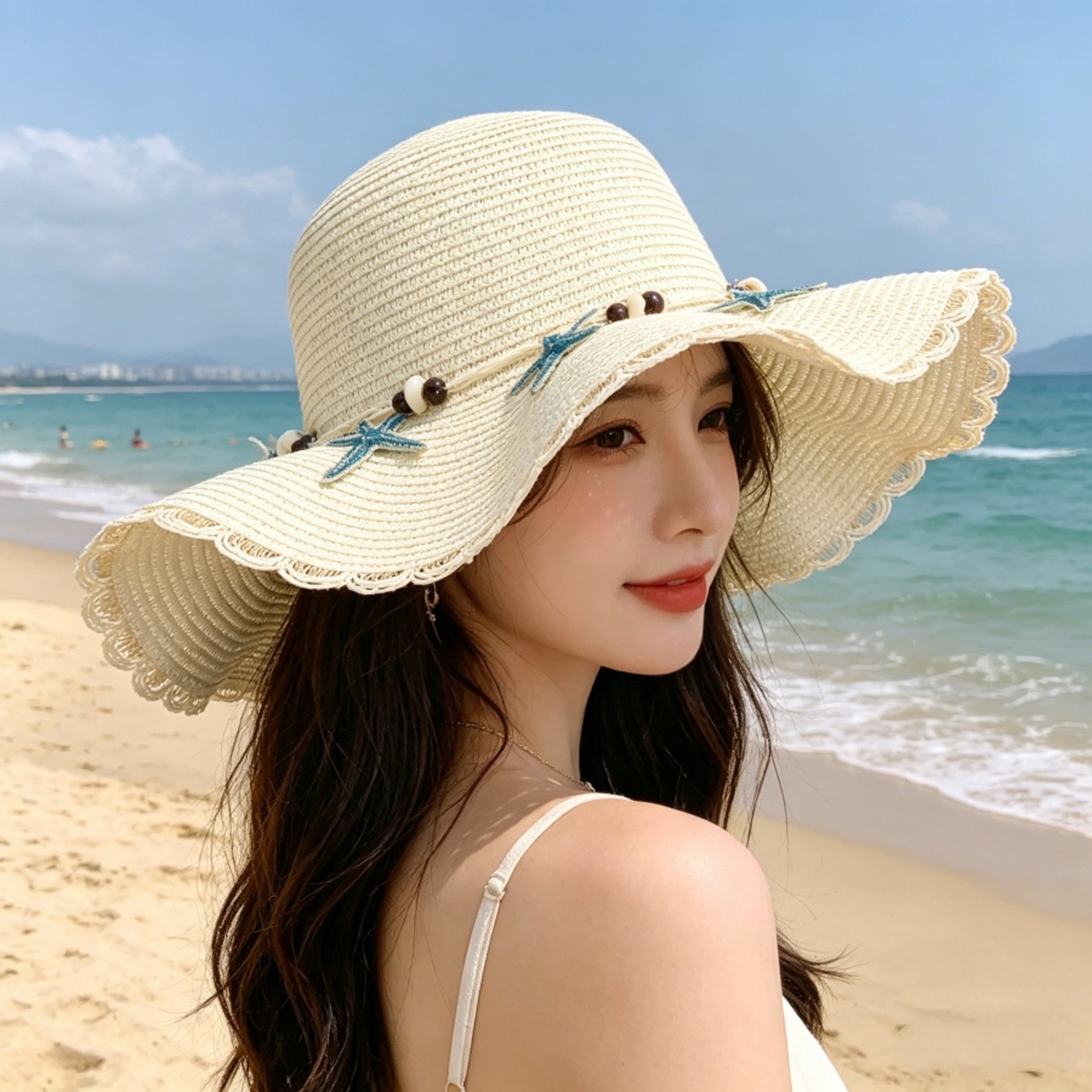Bohemian Shell Beaded Wide Brim Straw Beach Hat 5