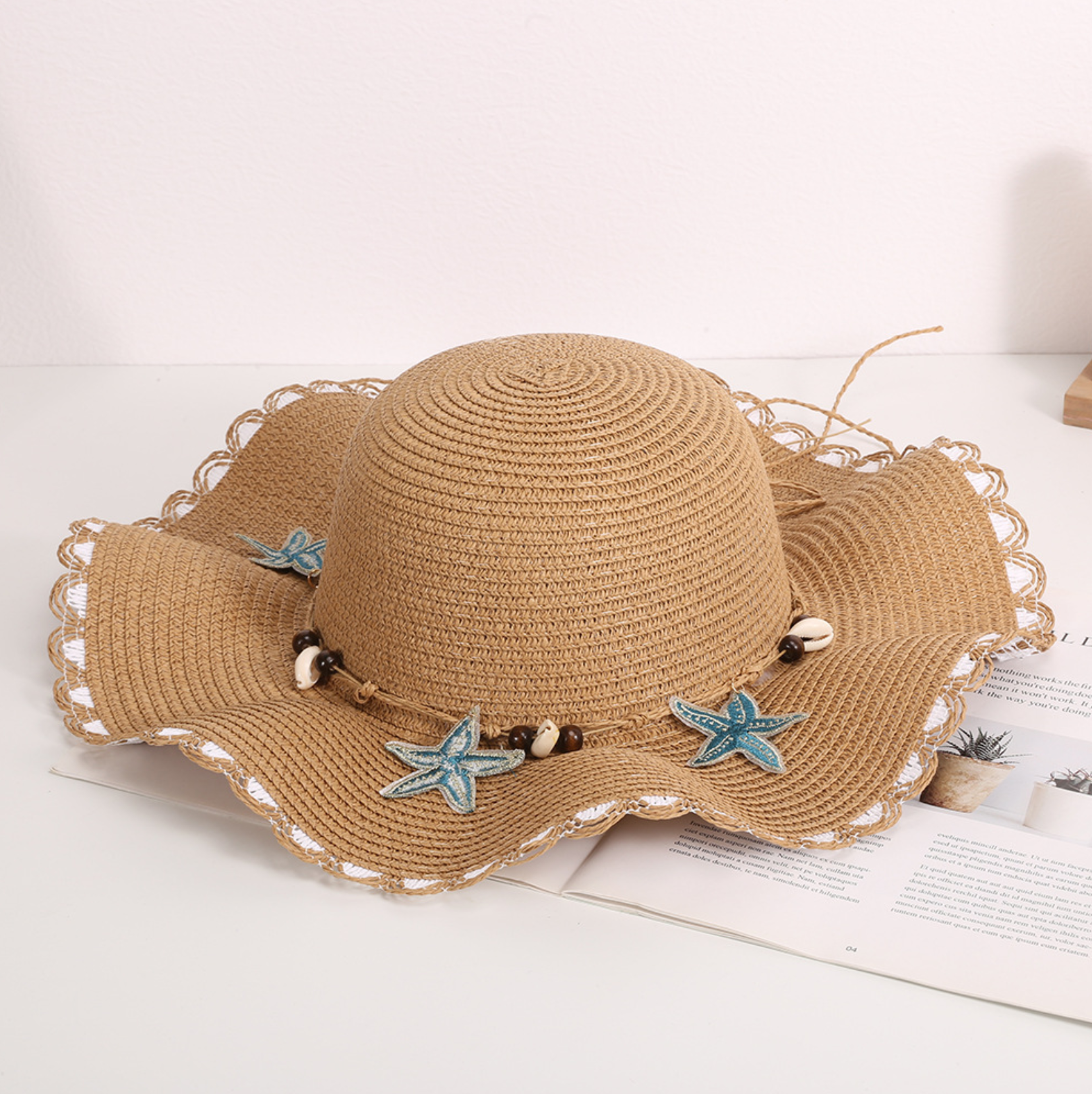 Bohemian Shell Beaded Wide Brim Straw Beach Hat 9