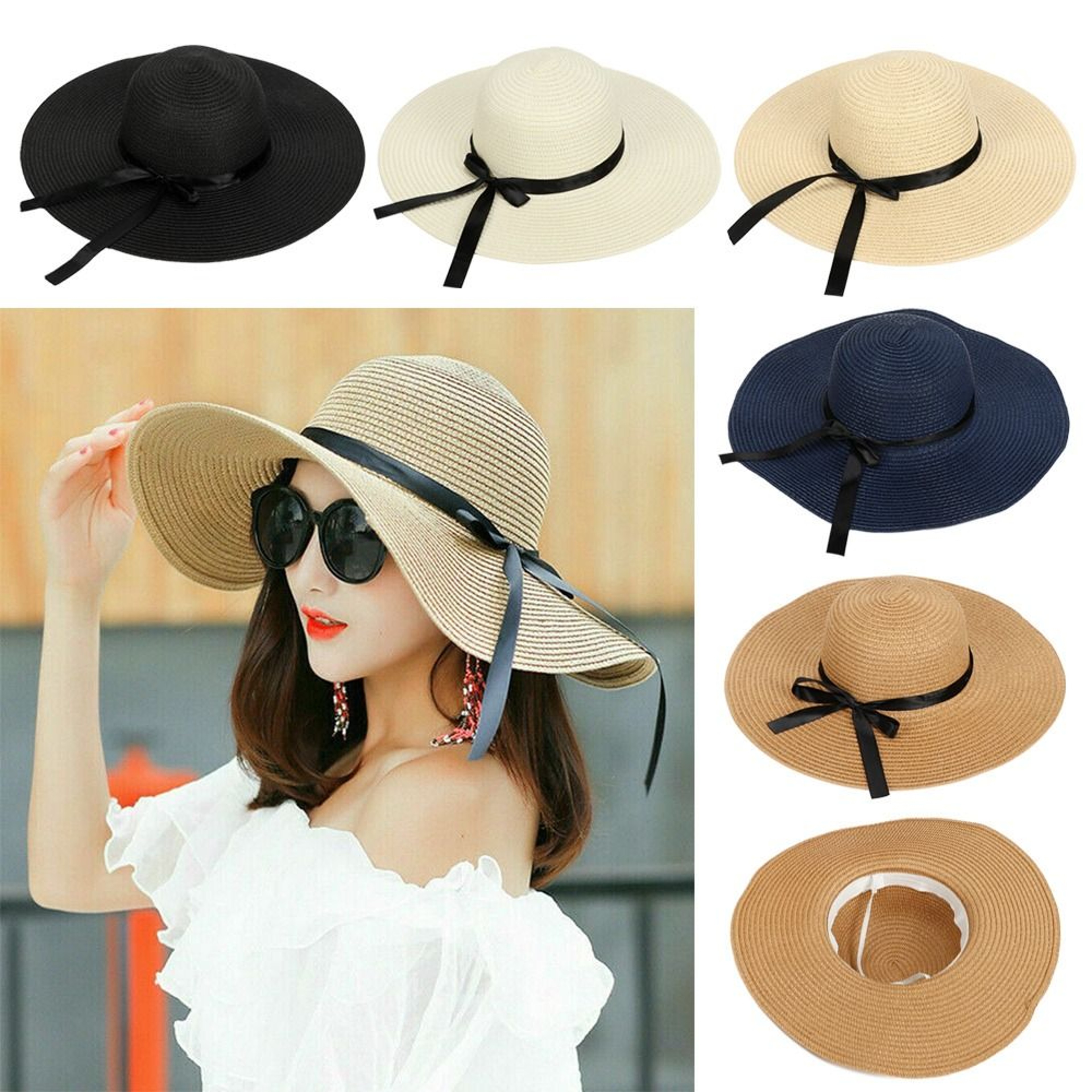 Women Foldable Summer Beach Straw Sun Hat With Bow Wide Brim Floppy Visor Cap 1
