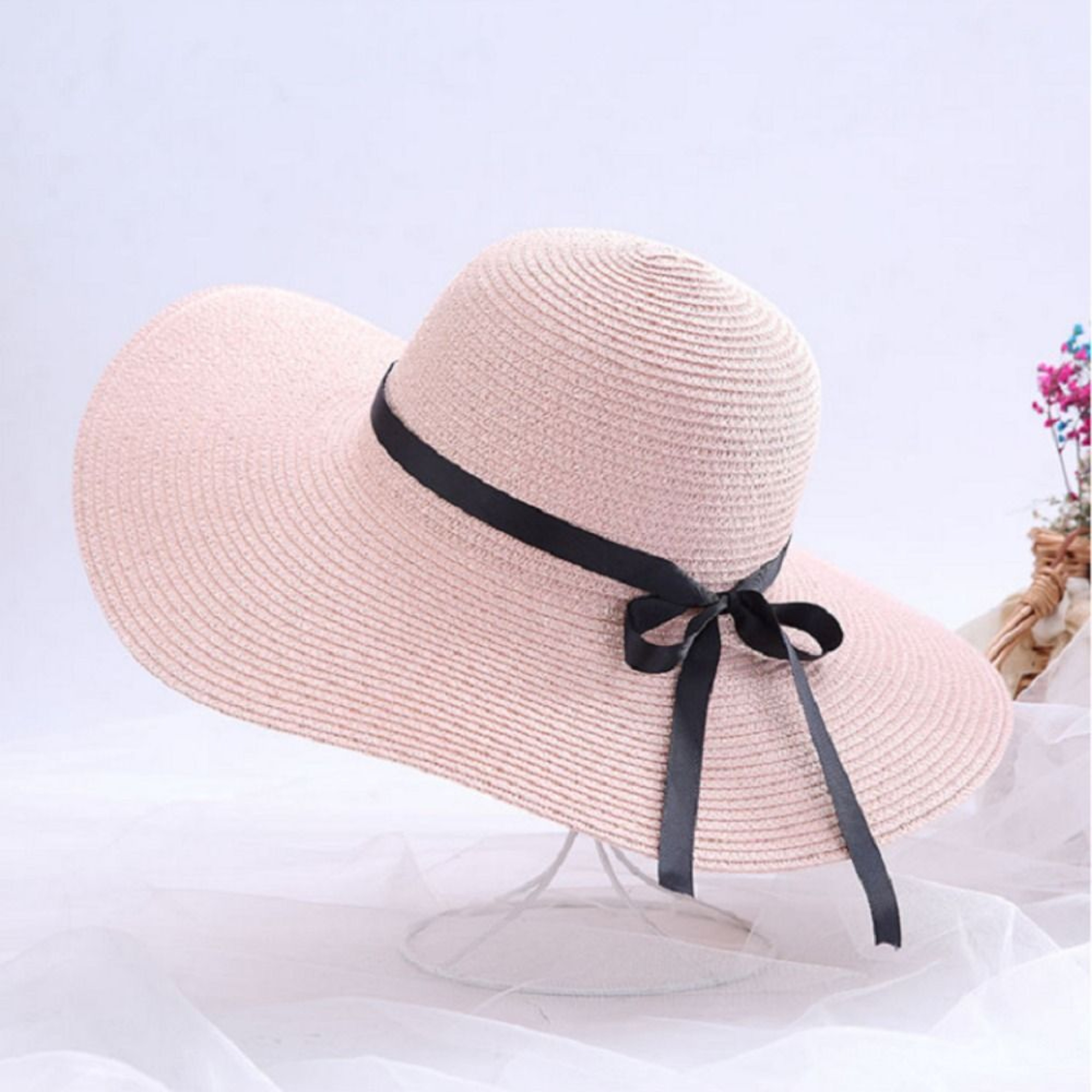 Women Foldable Summer Beach Straw Sun Hat With Bow Wide Brim Floppy Visor Cap 9