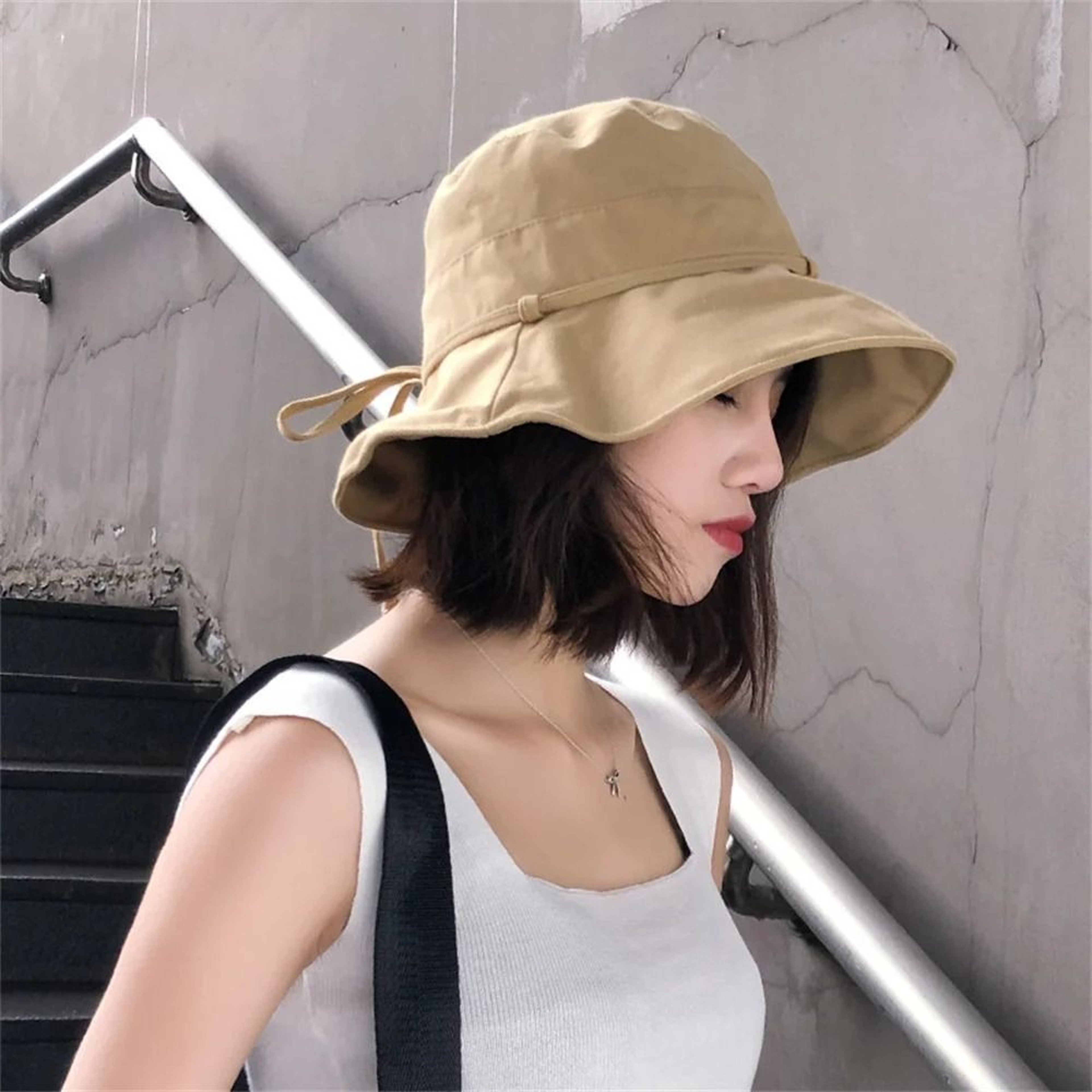 Chic Solid Color Women Bucket Hat  Lightweight Foldable Sun Hat With Adjustable Strap 0