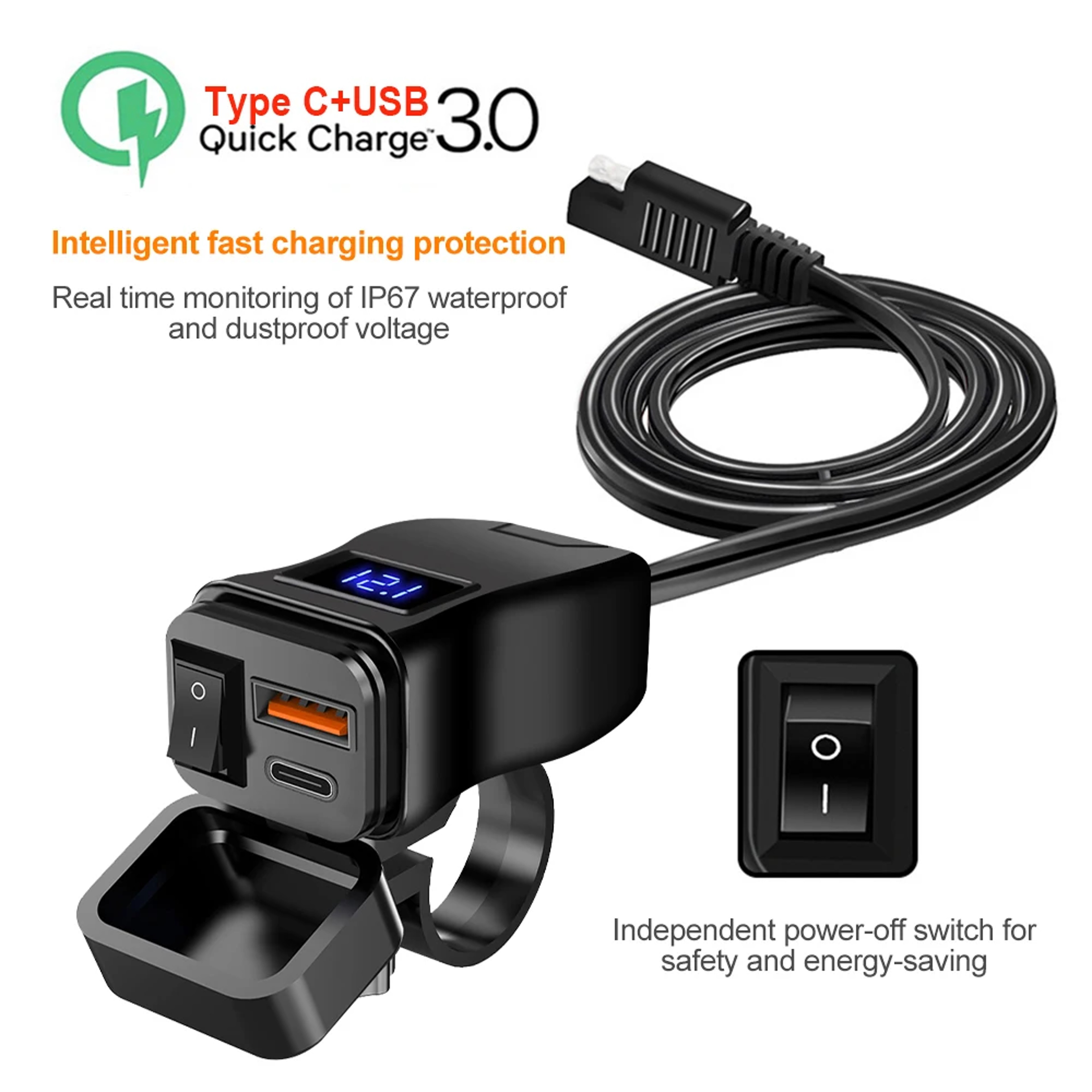 Handlebar Dual USB Socket with Switch Voltmeter, Motorcycle USB Fast Charger, Waterproof 12V Power Supply Adapter – view 3