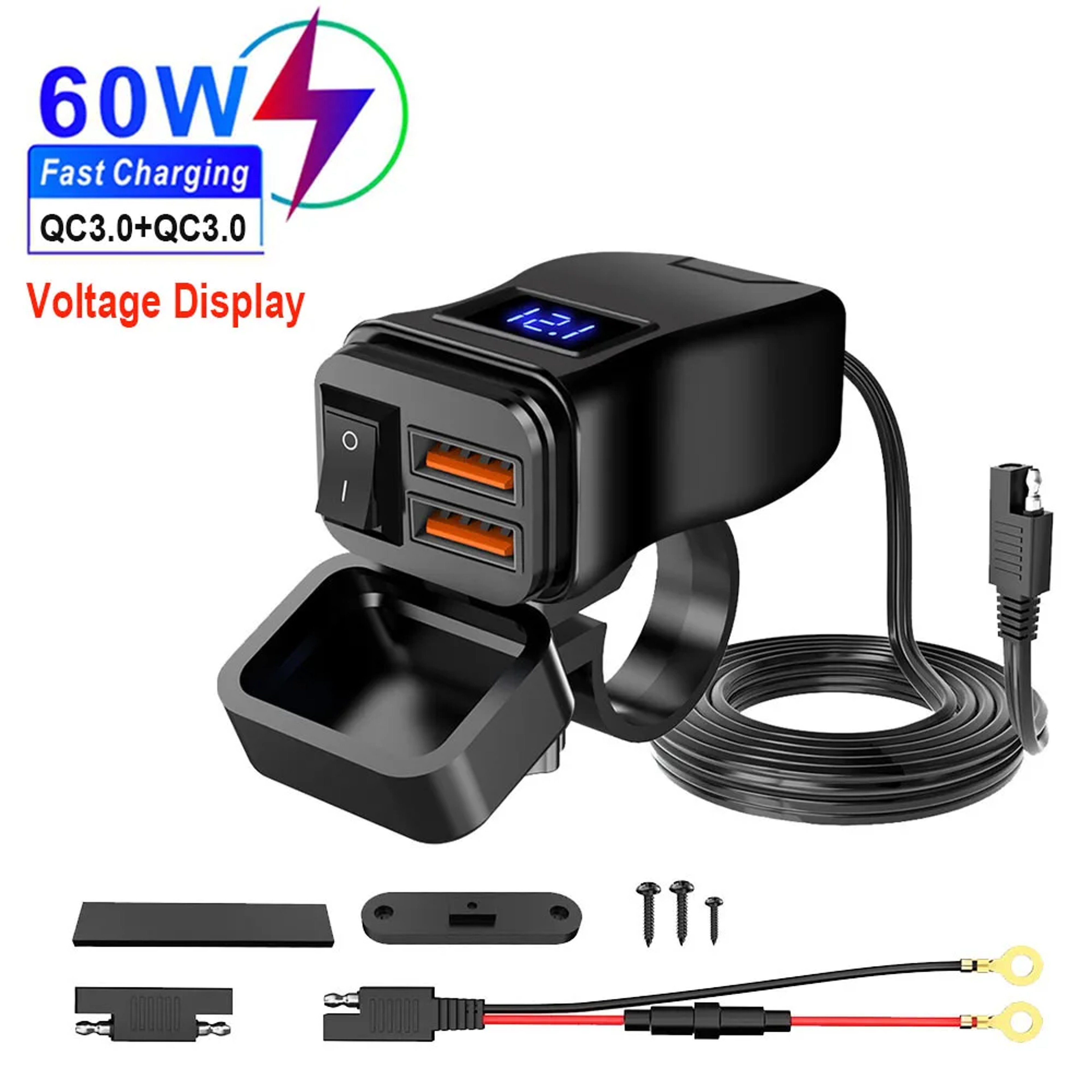 Handlebar Dual USB Socket with Switch Voltmeter, Motorcycle USB Fast Charger, Waterproof 12V Power Supply Adapter – view 10