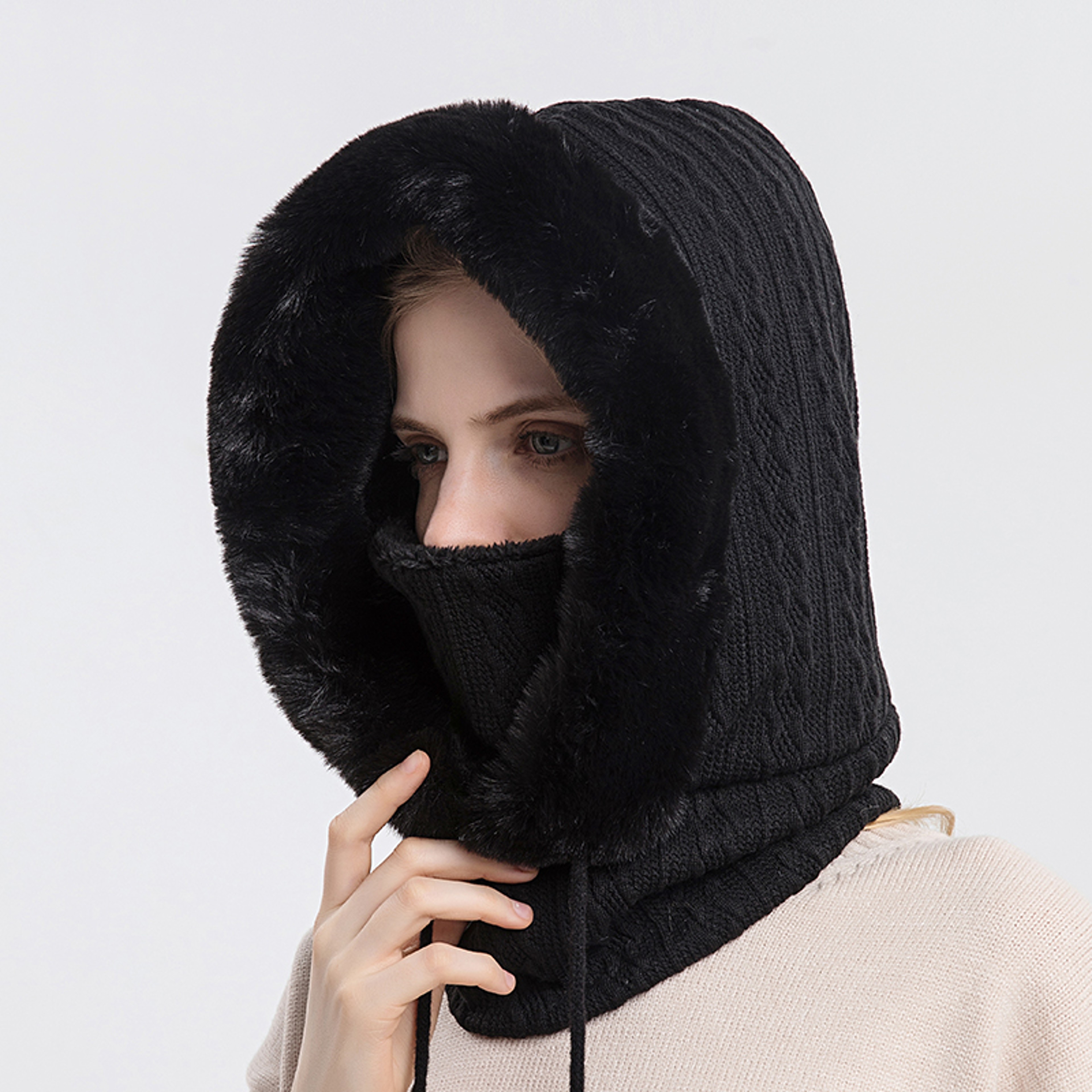Knitted Cashmere Neck Warm Balaclava Ski Windproof Hat Winter Fur Cap Mask Set Hooded For Women Thi 3