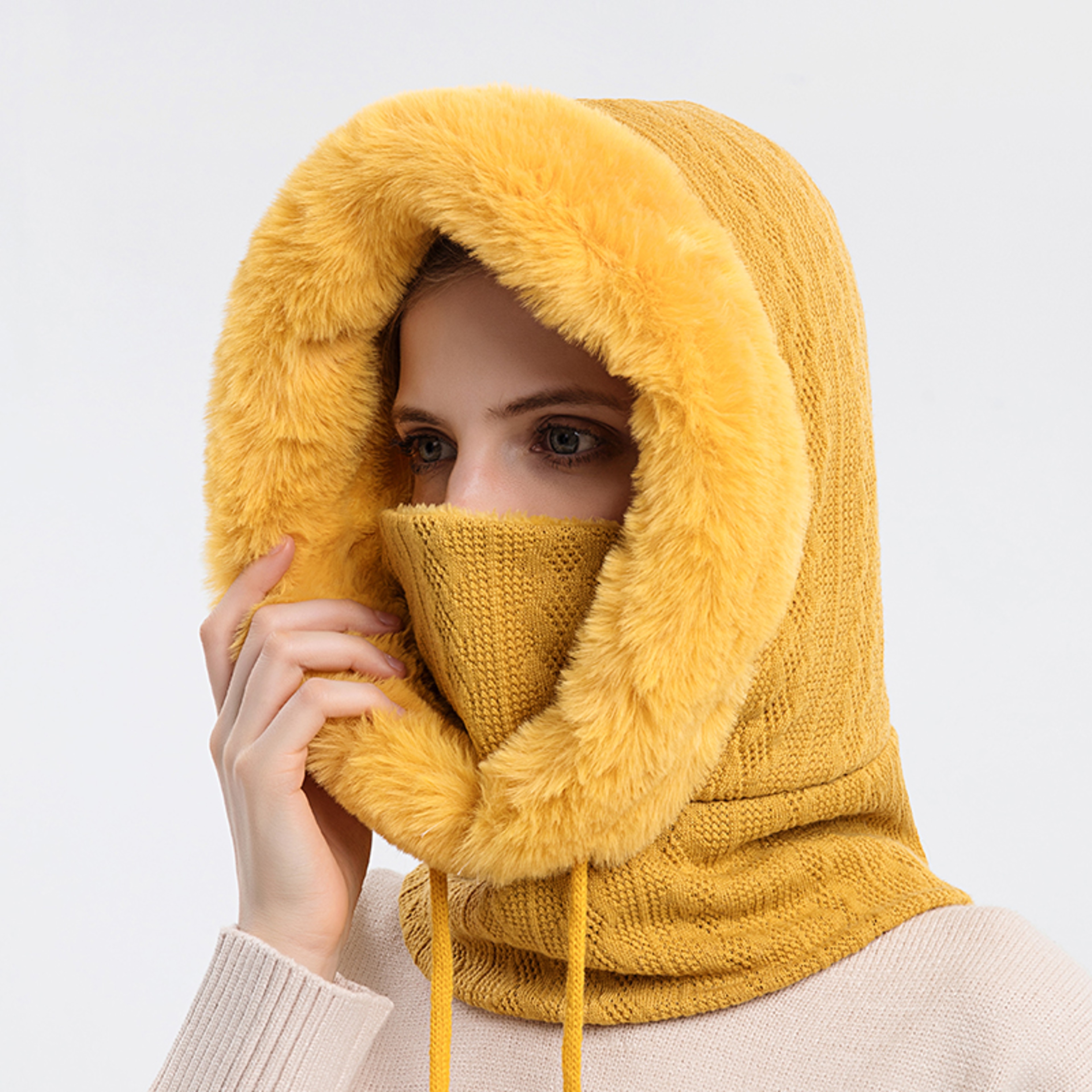 Knitted Cashmere Neck Warm Balaclava Ski Windproof Hat Winter Fur Cap Mask Set Hooded For Women Thi 5