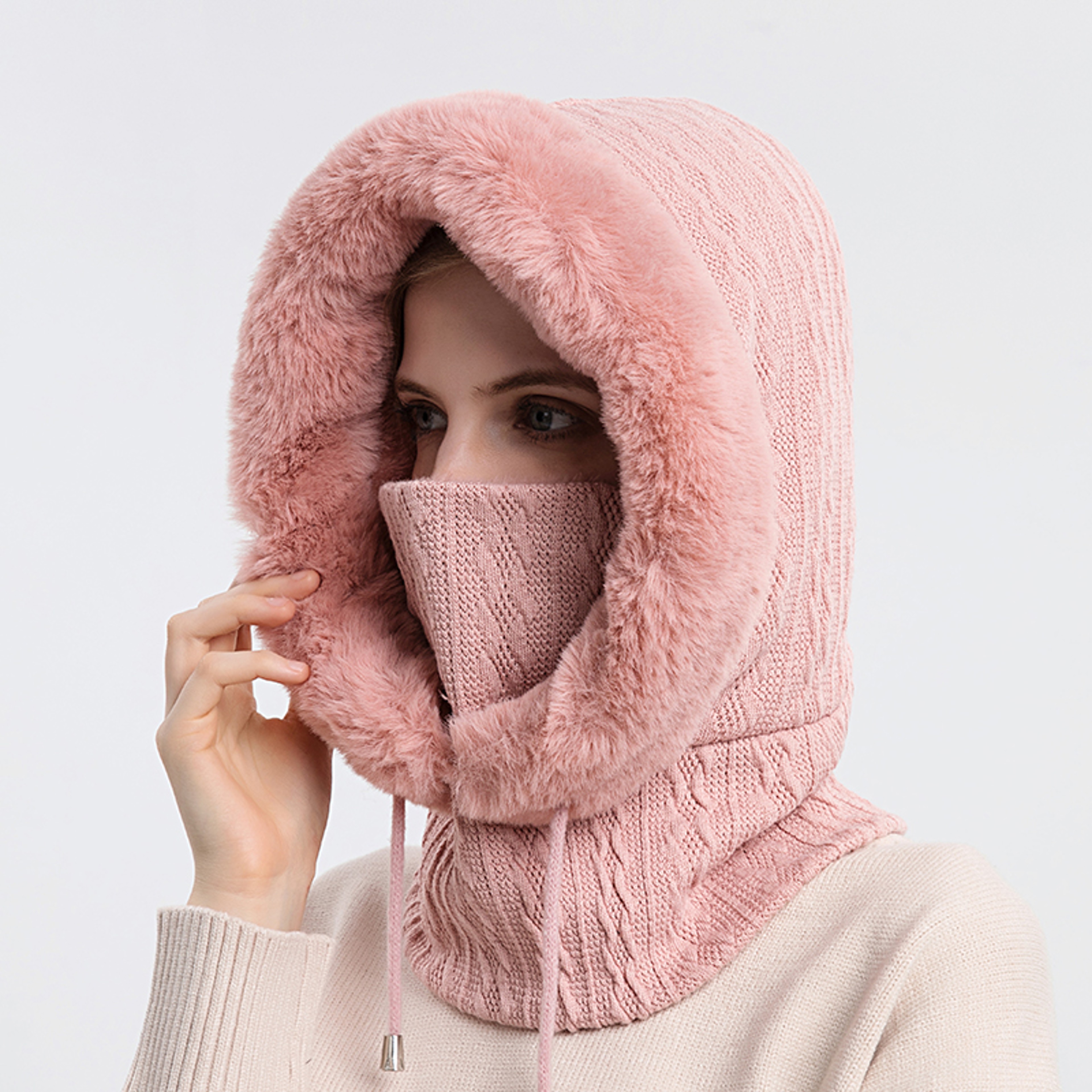 Knitted Cashmere Neck Warm Balaclava Ski Windproof Hat Winter Fur Cap Mask Set Hooded For Women Thi 6
